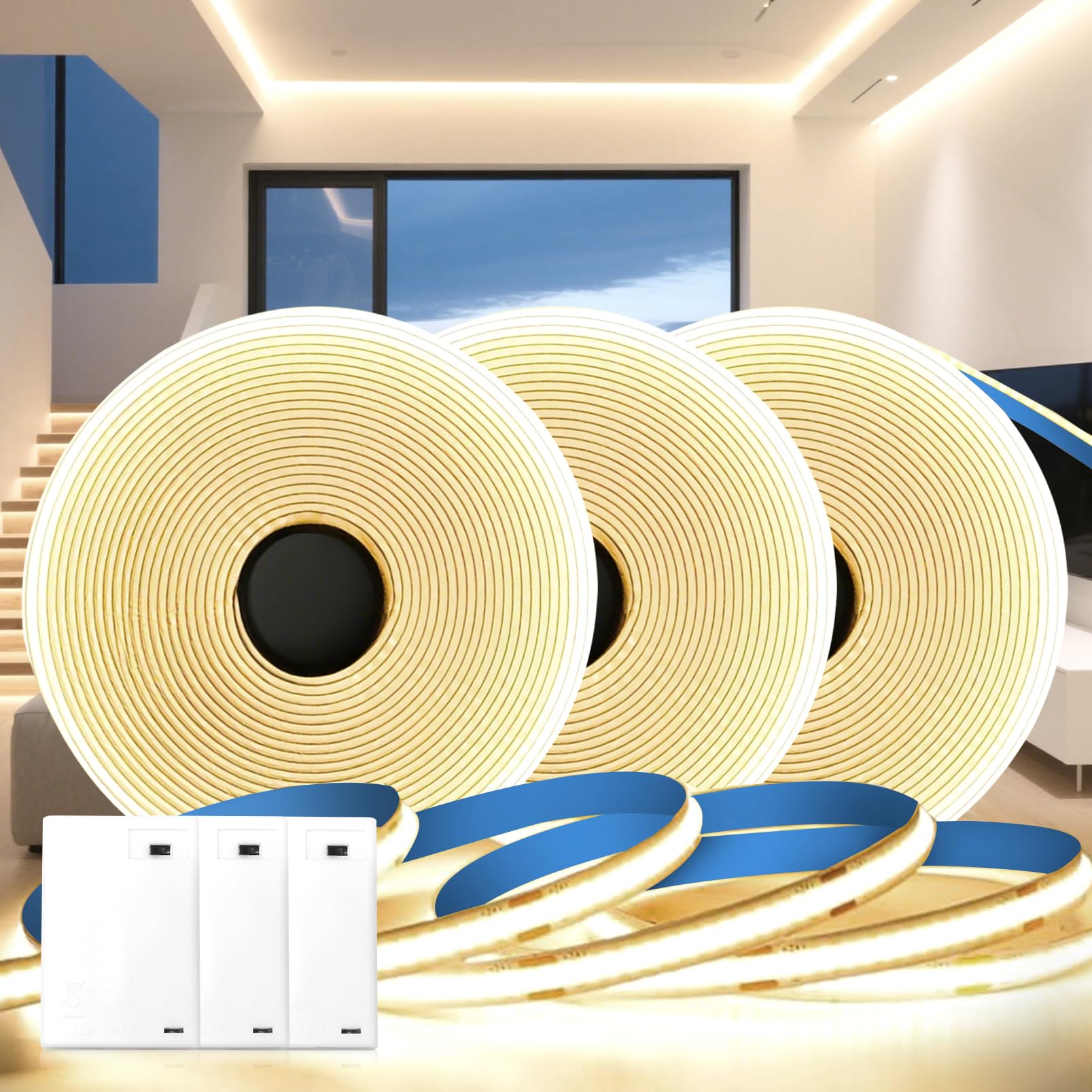 KSIBNW Battery COB Strip Lights, Natural White 4000K LED Strip Light Battery Powered, 3Pack 1M Self-Adhesive LED Tape Lights 8mm Width for TV,Bedroom,Kitchen,Cabinet,Bar Decor(Battery not Included)