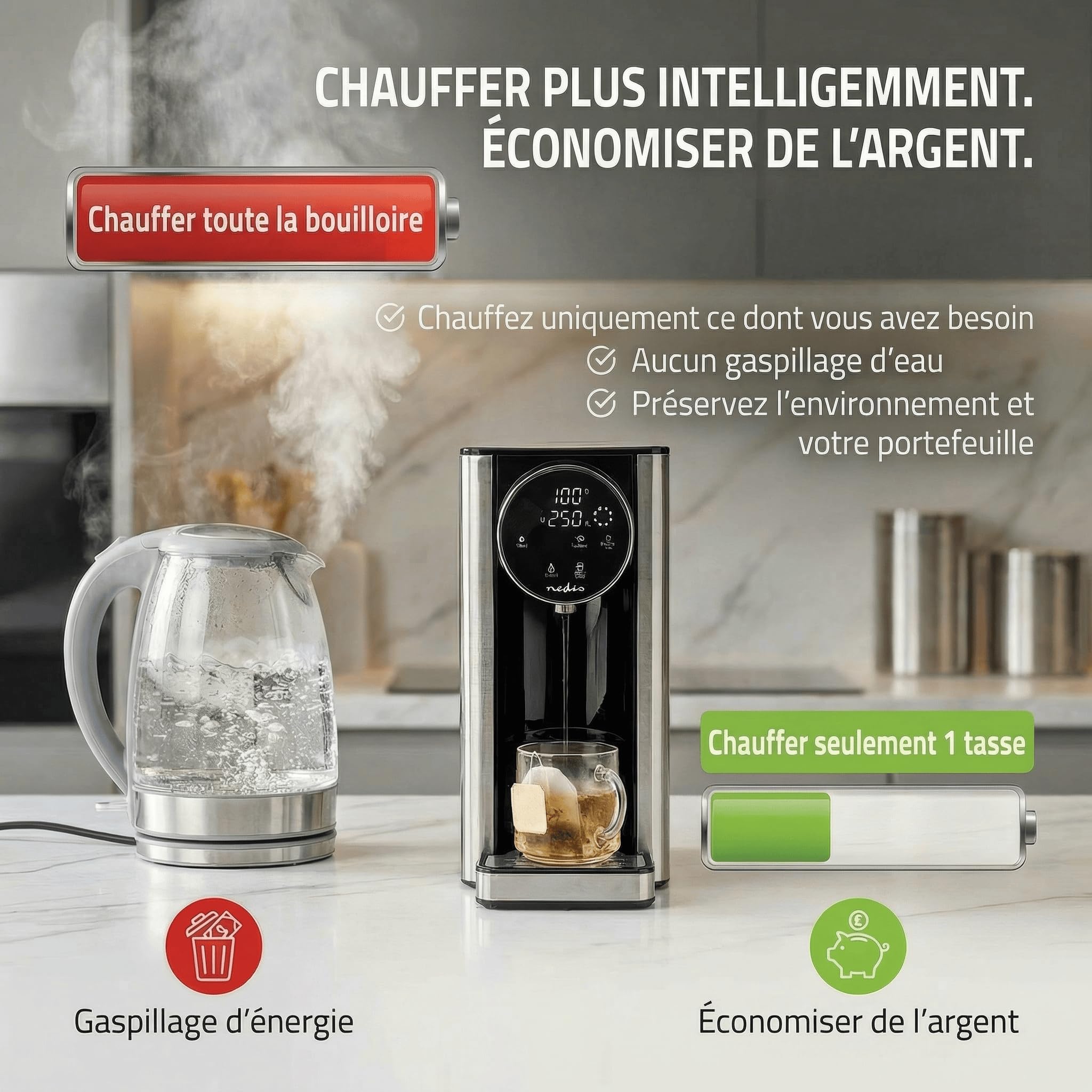 Distributeur d'eau Chaude - 2600 W - 2,7 l - Aluminium/Noir