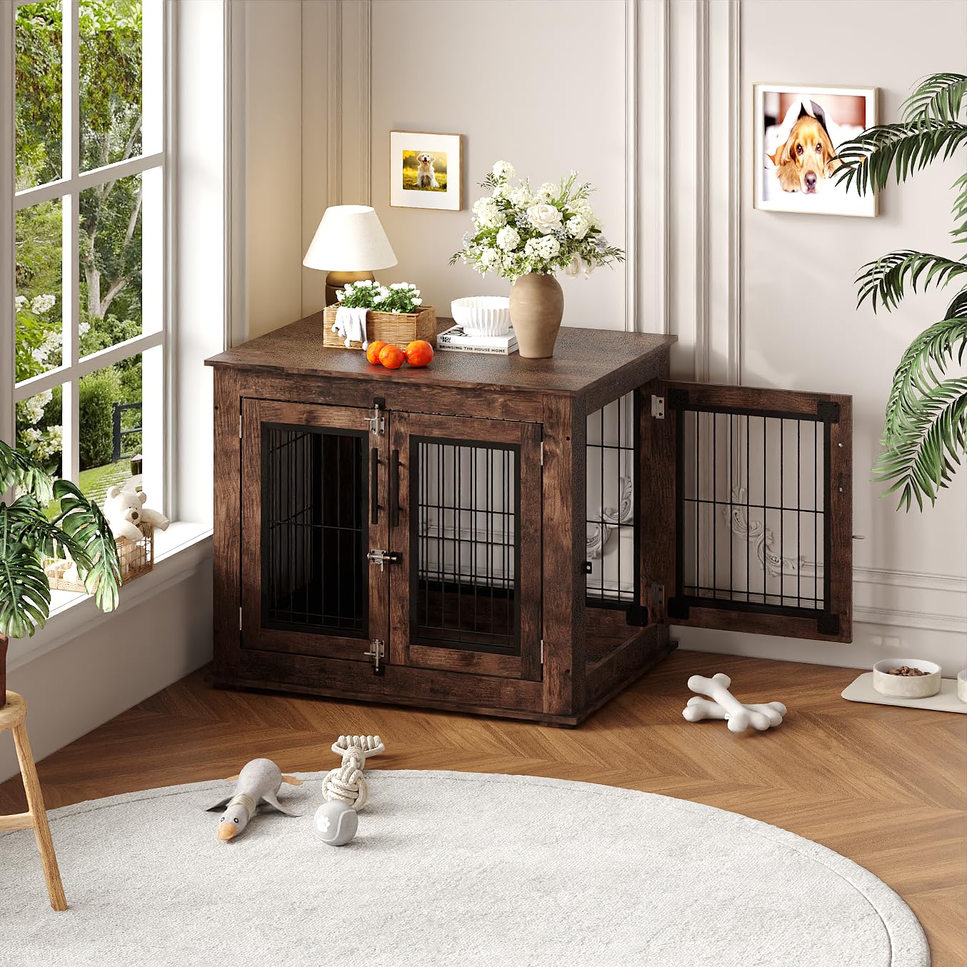 Rustic Brown Wooden Dog House End Table – Chew-Resistant Indoor Crate with Double Doors, Lockable Anti-Escape Design – Secure Kennel for Small/Medium Dogs, 31.5"W x 23.6"D x 26"H (No.6)