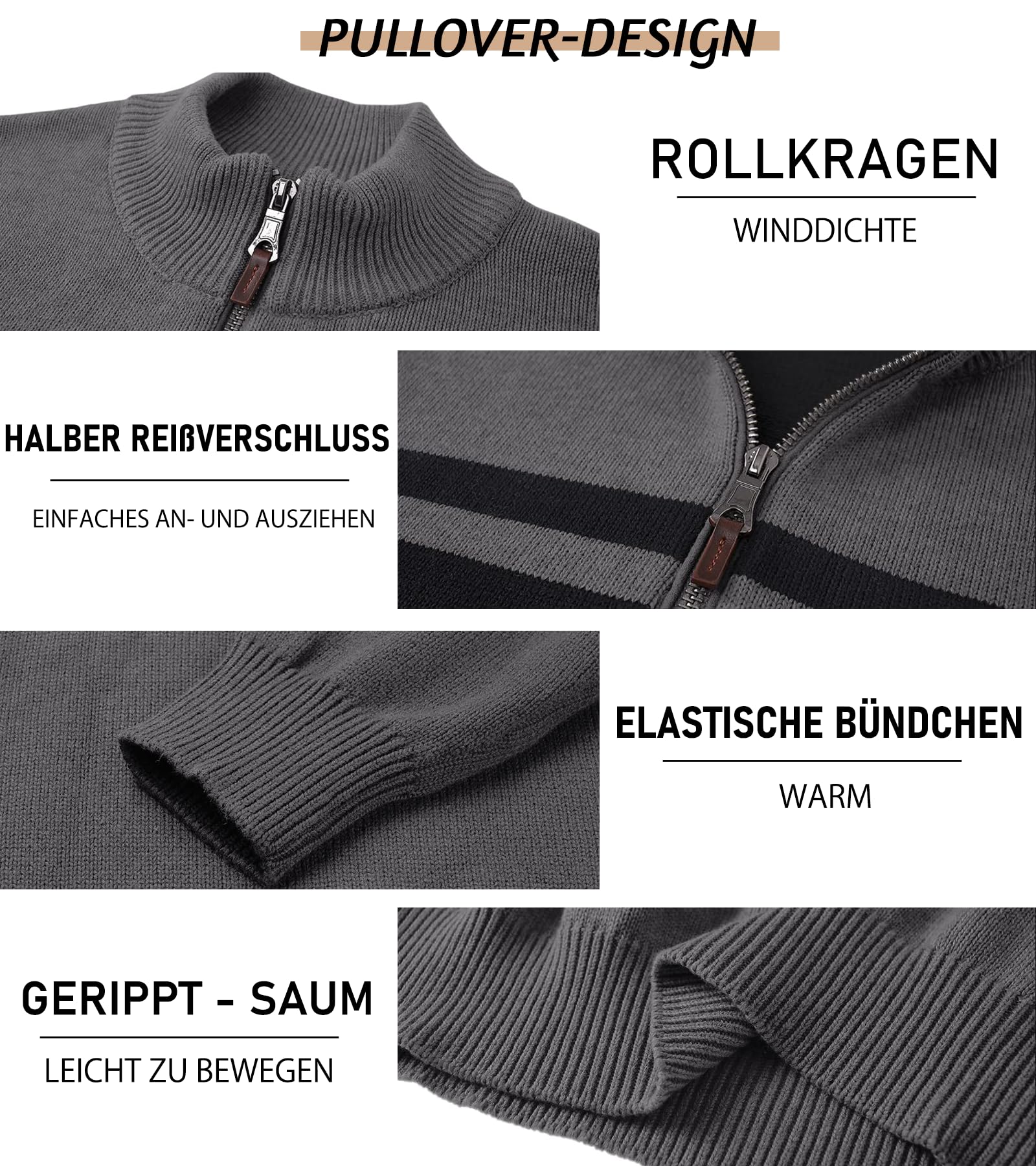 Cavva Pullover Herren Gestreift Strickpullover 1/4 Zip Winterpullover Pulli | Gestreifter Rollkragenpullover aus Baumwolle, Langarm mit 1/4 Zip Stehkragen, Warmer Winterpullover für Herren Strickpullover