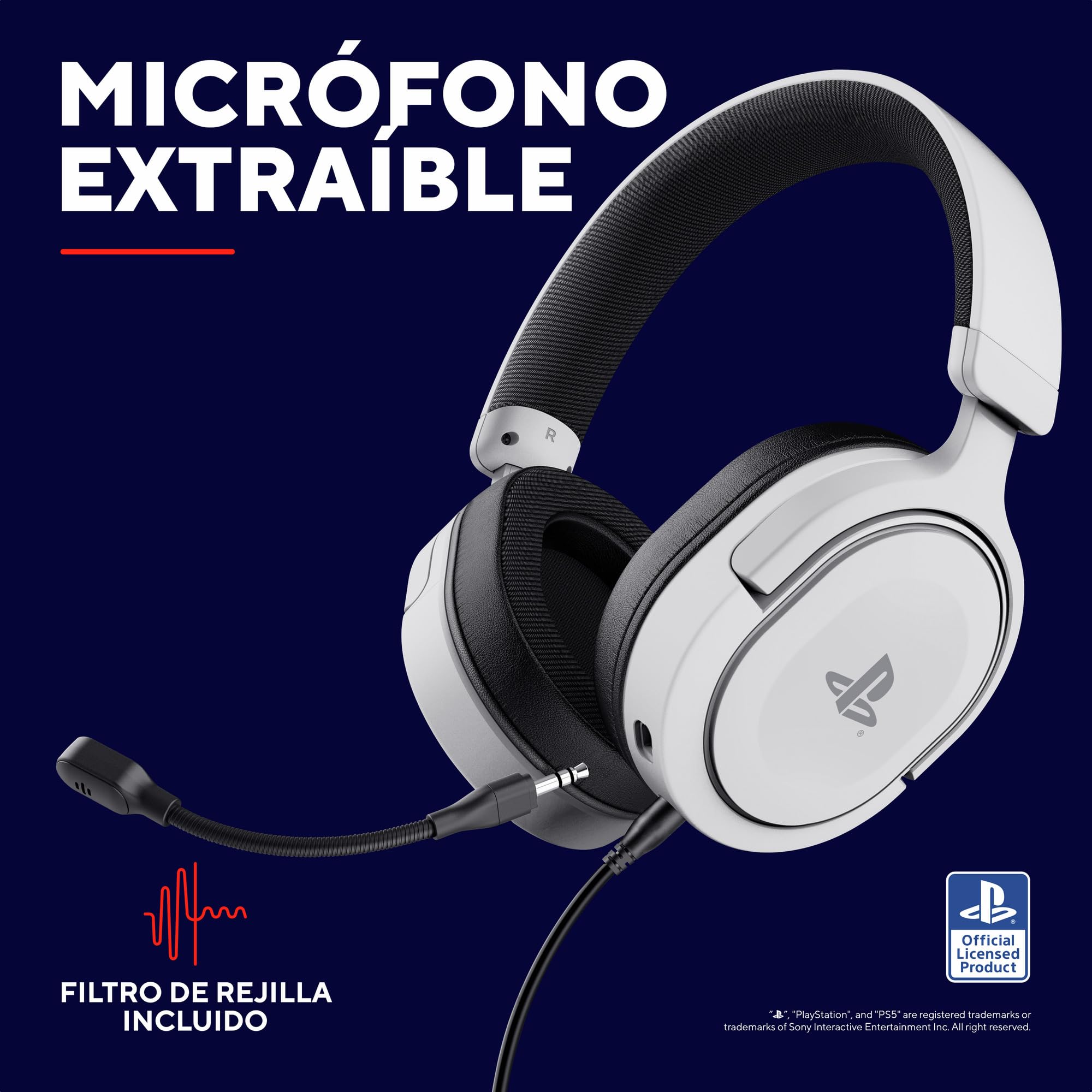 GXTrust 498W Forta Cascos PS5 / PS4 Sostenibles, Licencia Oficial para PlayStation 5, Diadema Regulable, Micrófono Extraíble, Auriculares Gaming, Cable de 1.2 m, Blanco