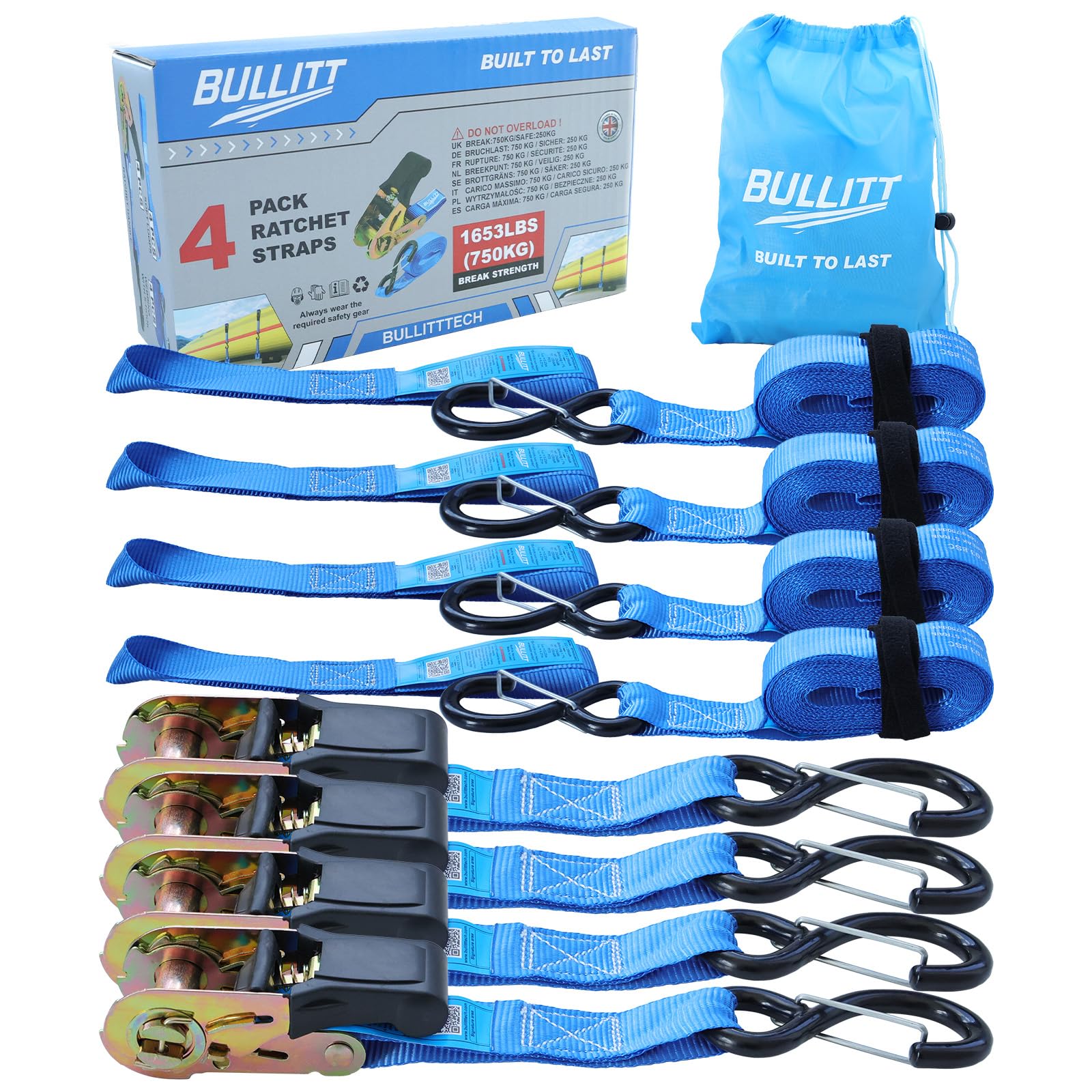 BULLITT 4PK Ratchet Straps Set with 1653LBS Break Strength, 1" x 15' Tie Down Racheting with Safety S Hooks+4 X 1" *10.4" Soft Loops, Cargo Straps for Truck, Trailer, Moving Appliances-Blue