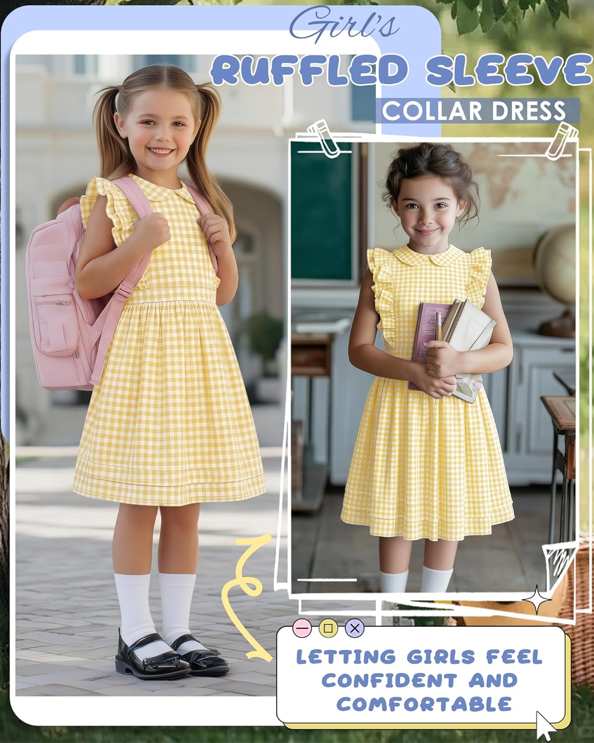 Xaatren Girls' Ruffle Sleeves Dress 5-14 Years Doll Collar Plaid Midi Length Gingham Flutter Pockets Summer Dress with Zipper