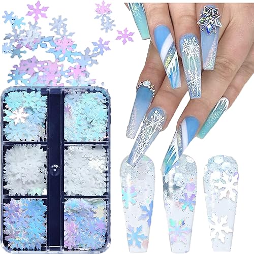 Miniatura 6 de 6 rejillas para uñas de invierno, diseño de copos de nieve, lentejuelas con purpurina, calcomanías holográficas de copos de nieve de Navidad,