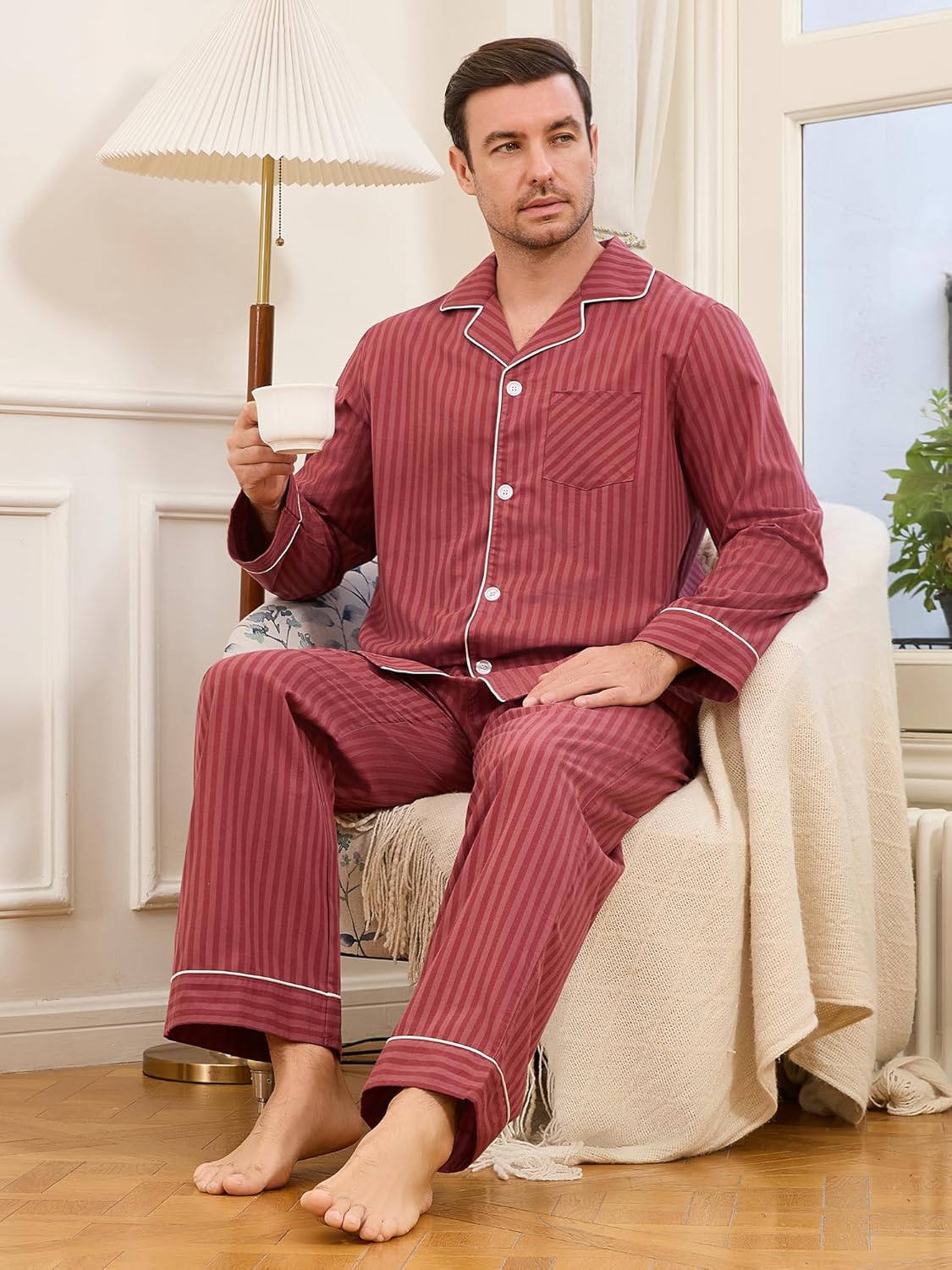 U2SKIIN Couple Pajama Sets, Soft Cotton Button-Down Striped Pajamas for Men and Women Long Sleeve Sleepwear with Pockets - Image 5