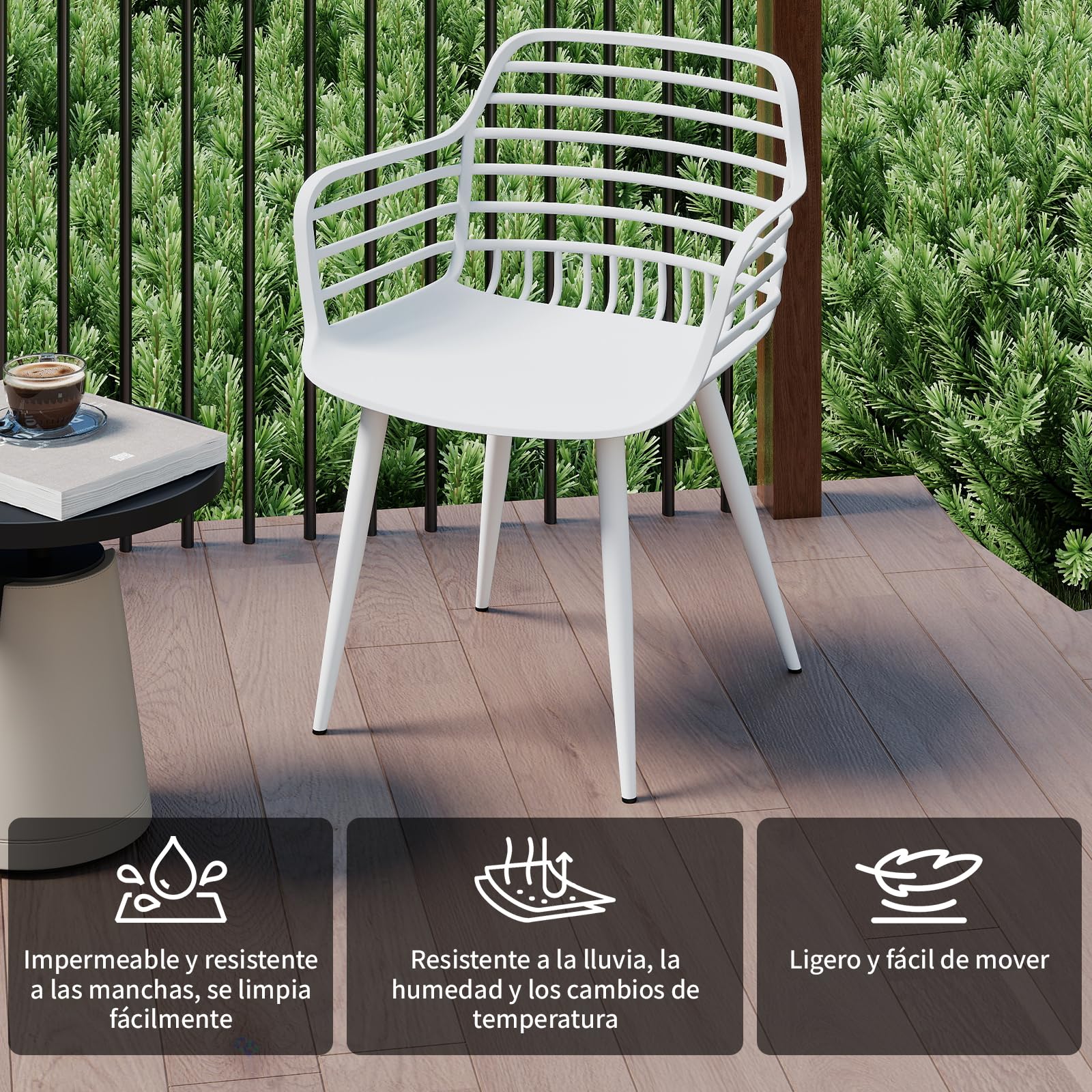 JIJIAN Sillas de Jardín Juego de 4, Sillones para Exterior con Reposabrazos y Respaldo, Plástico PP con Patas de Hierro, Capacidad de Carga 120 kg, para Balcón, Jardín, Terraza, Blanco