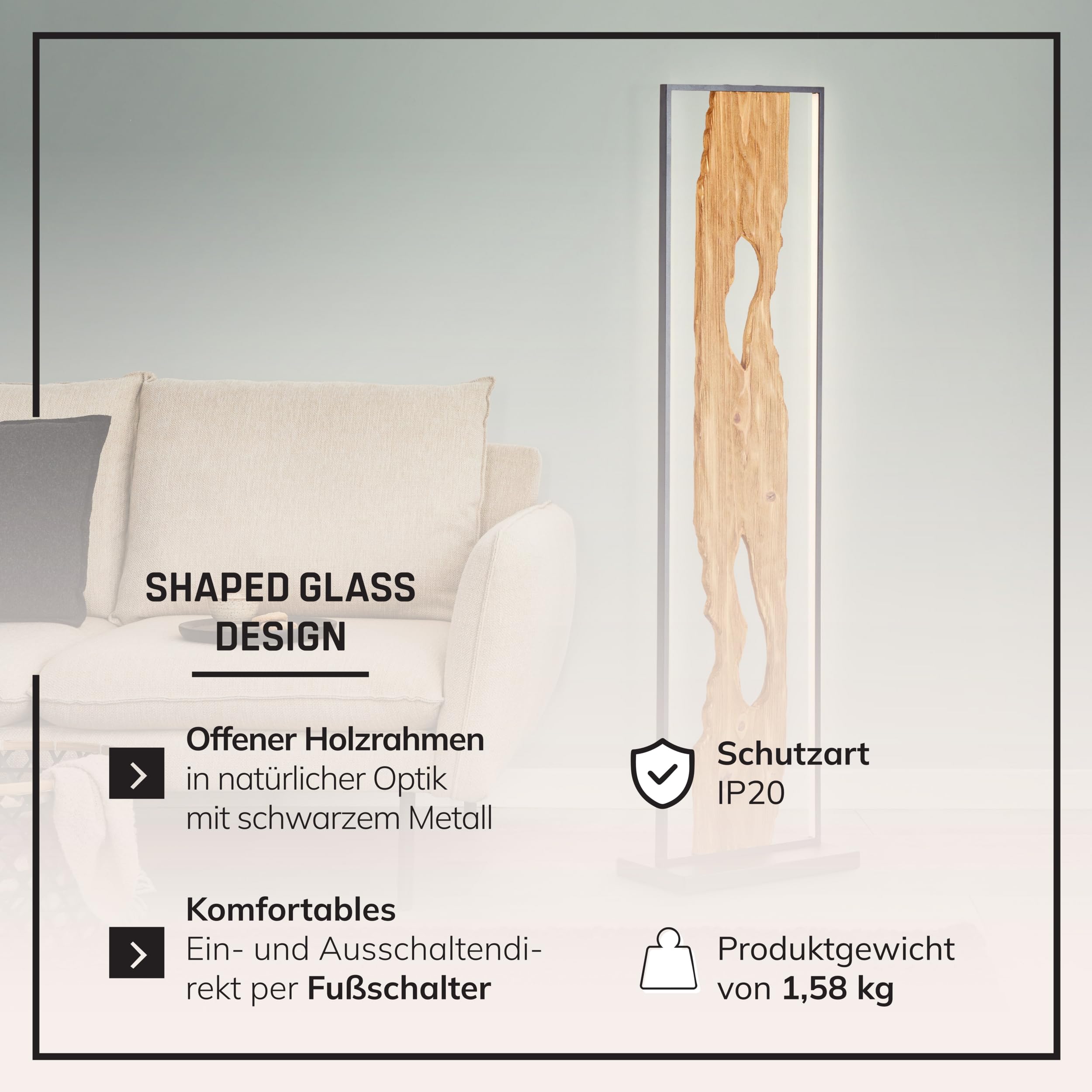 Lightbox LED Stehlampe schwarz - Stehleuchte Holz 120 cm mit Fußschalter - Standlampe Wohnzimmer warmweiß 3000K - 2300 lm inkl. LED