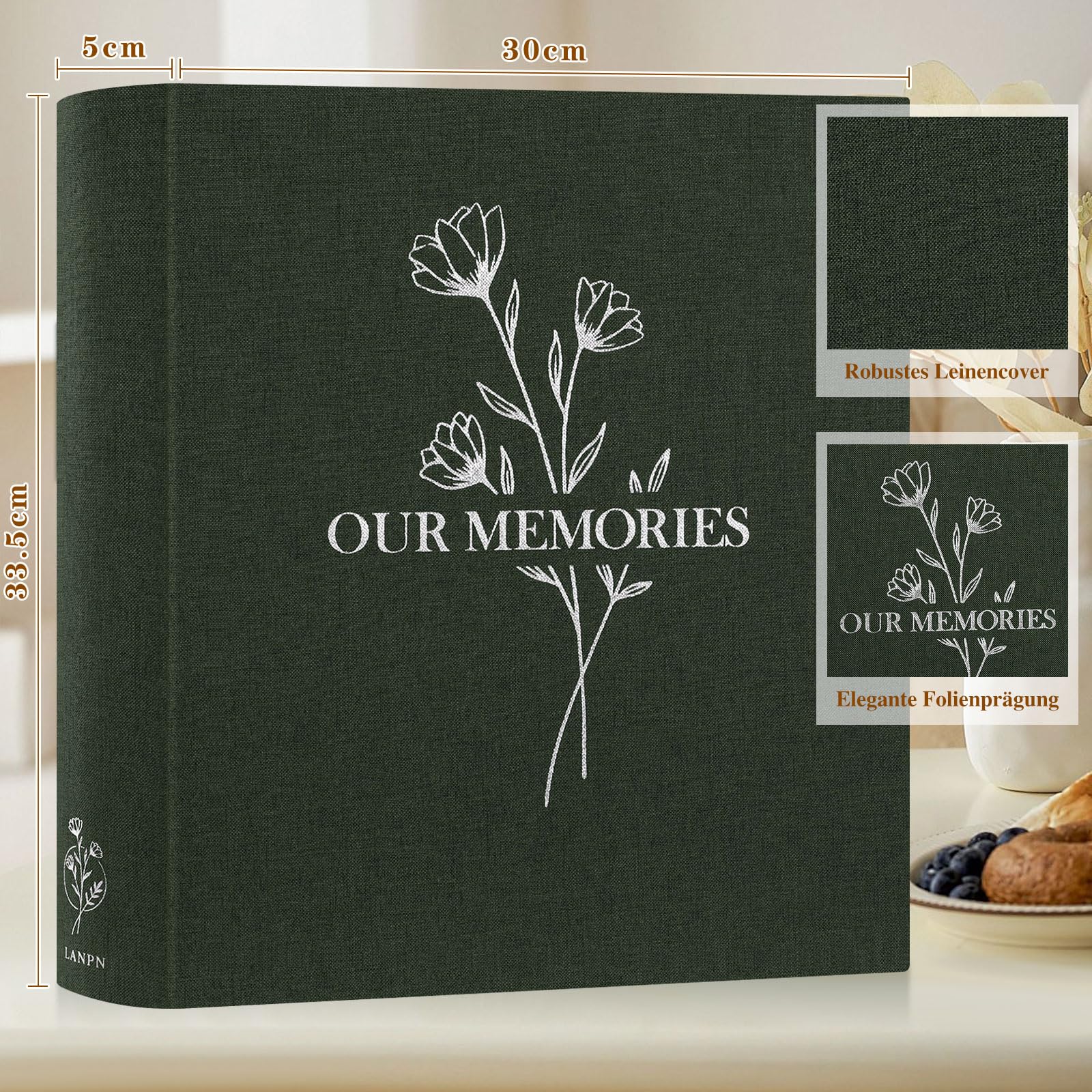 Lanpn Our Memories Large Linen DIY Photo Album, 160 White Pages with Cellophane Dividers, for Photos 9 x 13, 10 x 15, 13 x 18 cm (Green, 30 x 33.5 cm)