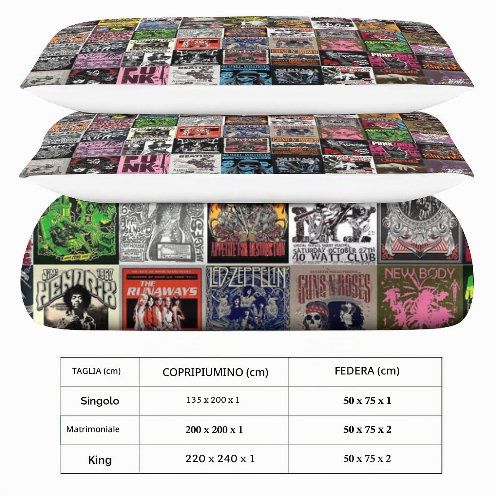 Prima il rock Set Copripiumino in Microfibra Morbida 3 Pezzi,Stampa 3D Motivo,Musica punk rock Copripiumino in Microfibra E Federe Cuscino,Chiusura Cerniera Per Ragazzi E Ragazze Double（200x200cm）