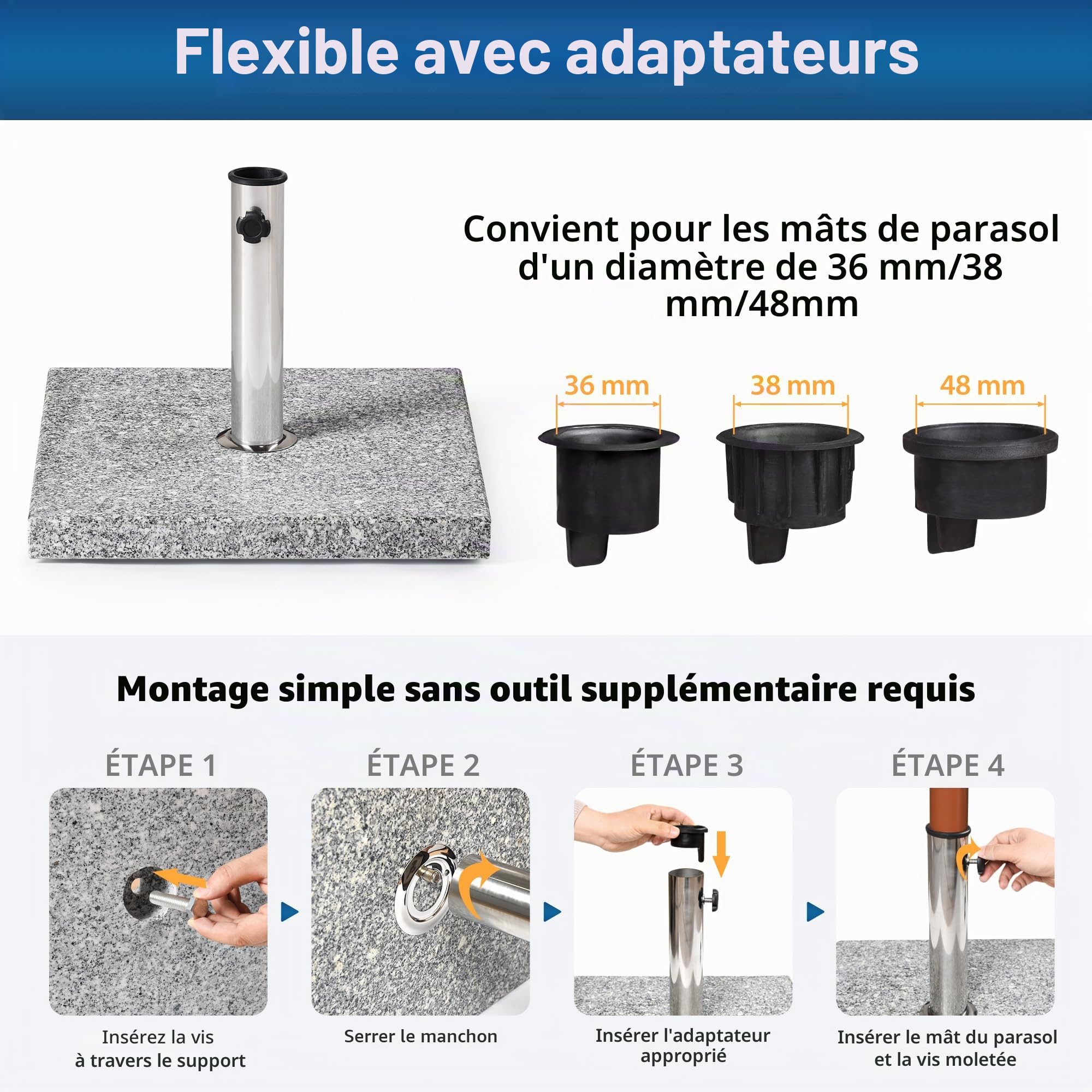 paramondo Pied De Parasol En Granit, Carré, 48 x 48 cm, Avec Douilles D'adaptation, Pour Parasols De Taille Moyenne