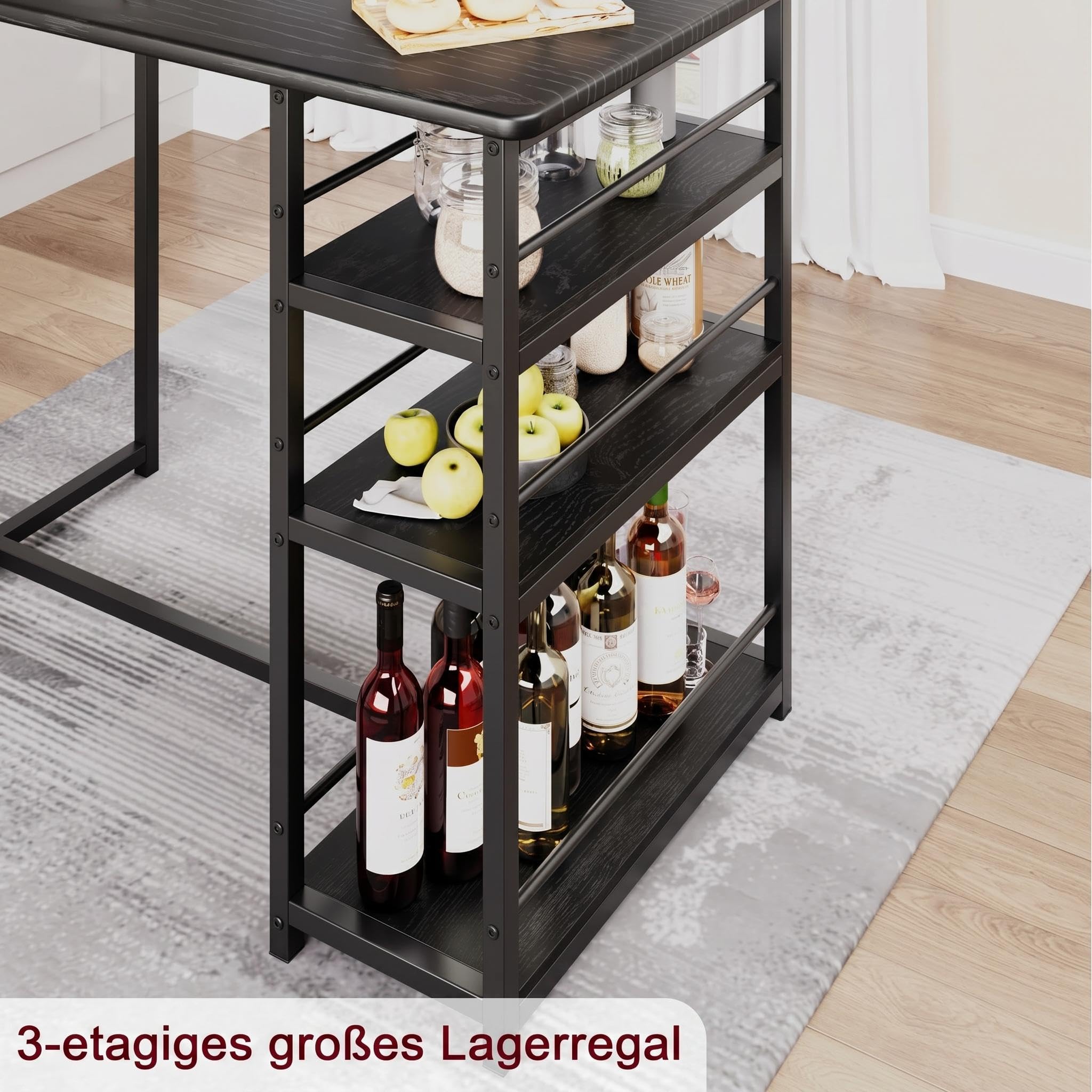 Bartisch mit Barhocker Set, 3-Teilig Kleiner Esstisch mit 2 Gepolsterten Stühlen & 3 Ablagen für Küche, Esszimmer, Bartisch mit 2 Stühlen für Kleine Räume
