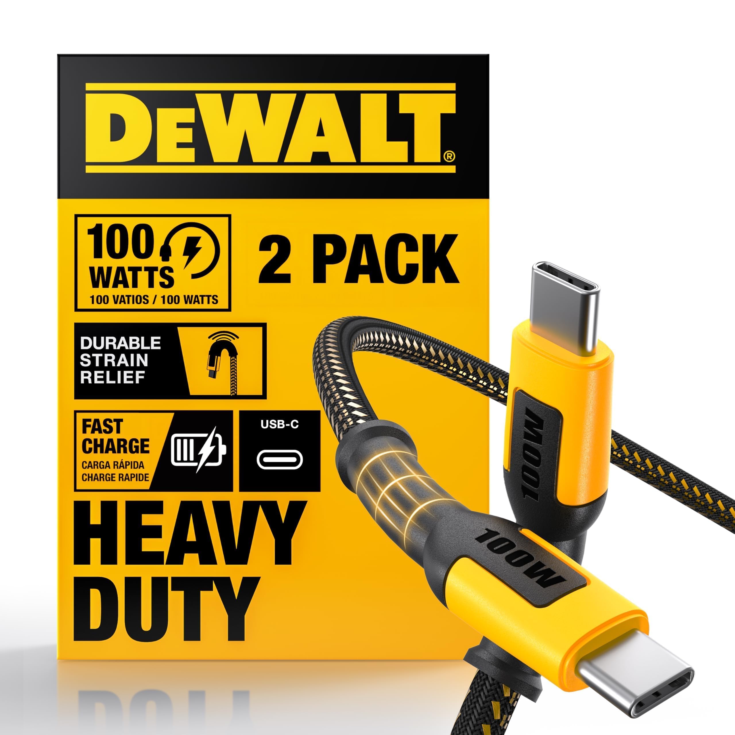 DEWALT Heavy Duty 100W USB-C Kabel 2er-Pack, Baustelle 100W USB-C zu USB-C Kabel, High Speed Typ-C Schnellladekabel PD für iPhone 17 Plus/Air/Pro Max, MacBook, iPad, Samsung, 1,4 m