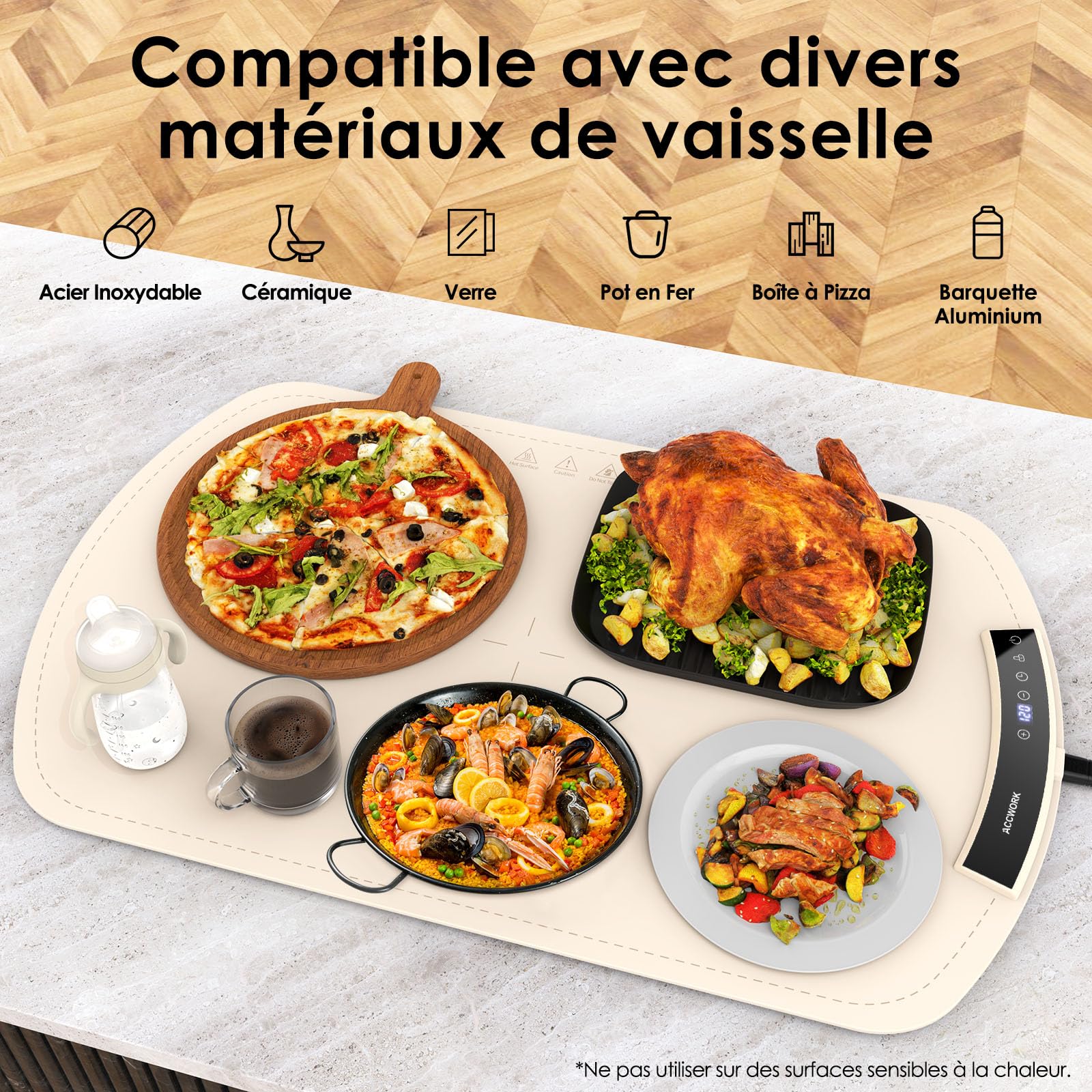 Accwork Chauffe Plat Électrique avec Température Réglable 40°C - 120°C et Minuteur de 6 Options, Plaque Chauffante pour Fêtes et Buffets - Chauffage Rapide et Stockage Enroulable