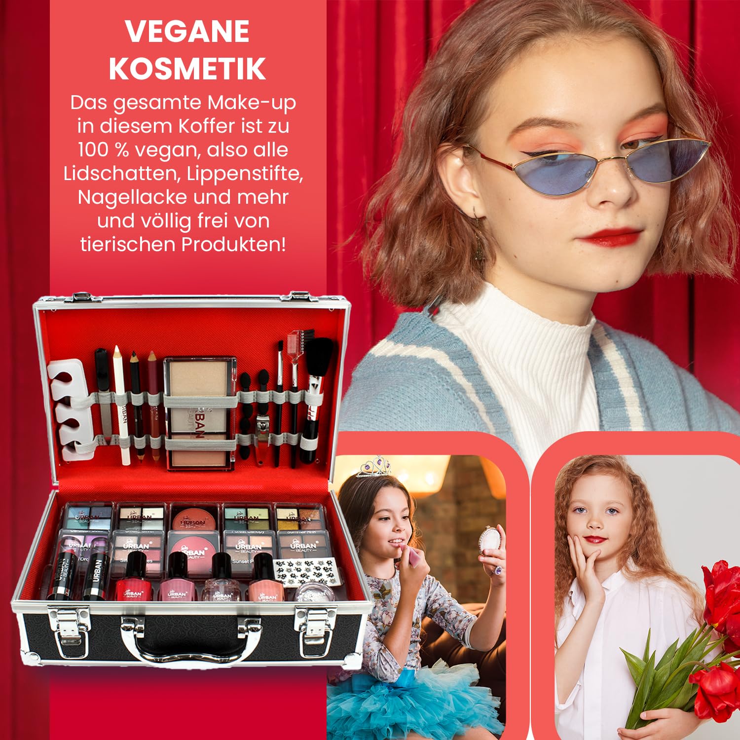 Love Urban Beauty Veganes French Maniküre Makeup Box - 76-teiliges Makeup Set - Enthält Lidschatten, Highlighter, Lippenstift, Rouge, Pinsel, Maniküre Zubehör - Idealer Schminkkoffer für Zuhause