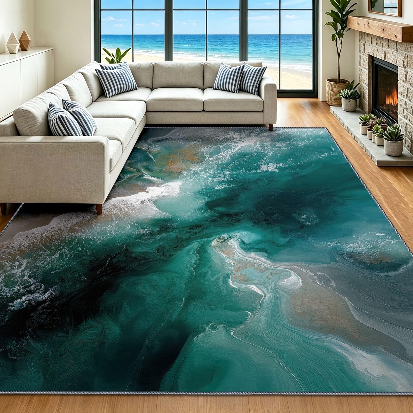 Générique Tapis Salon 80 x 150 cm Océan Plage, Tapis Imprimé Style Côtier Abstrait, Lavable Antidérapant, Decoration Chambre Maison, Poil Ras, Doux, Vert