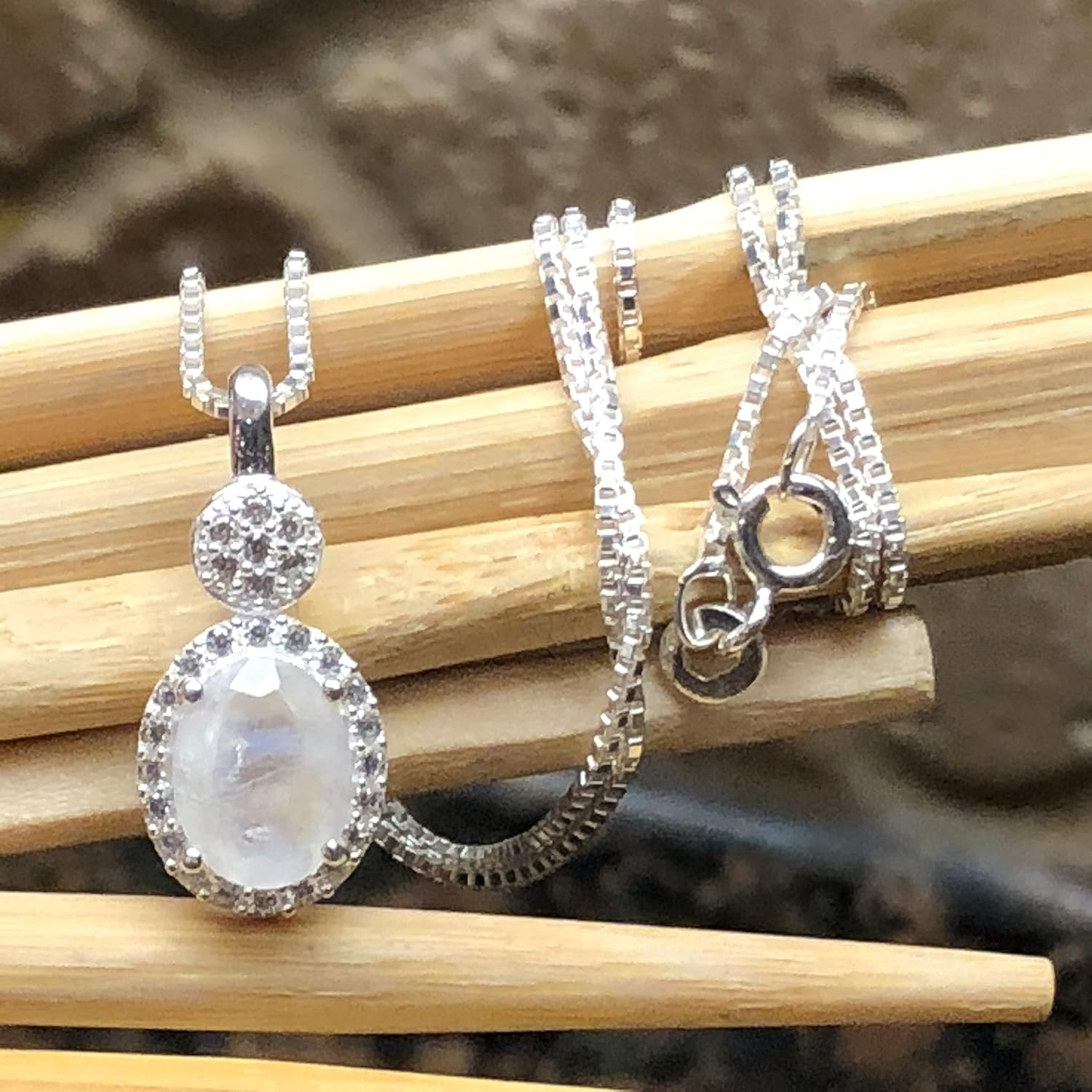 Genuine Rainbow Moonstone 925 Solid Sterling Silver Pendant Necklace 16" - Image 4