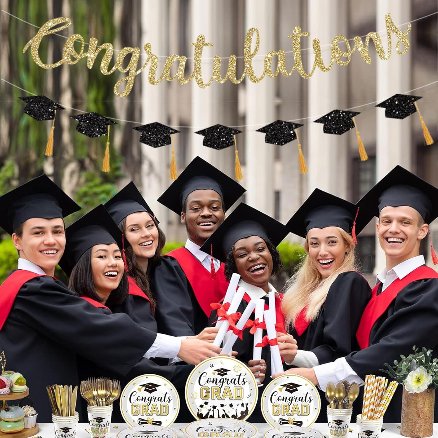 Pre Strung Congratulations Banner Graduation Decorations Class of 2026 Gold Glitter Congrats Grad with Tassel Party Decor College High School Favors Black NO DIY - Image 5