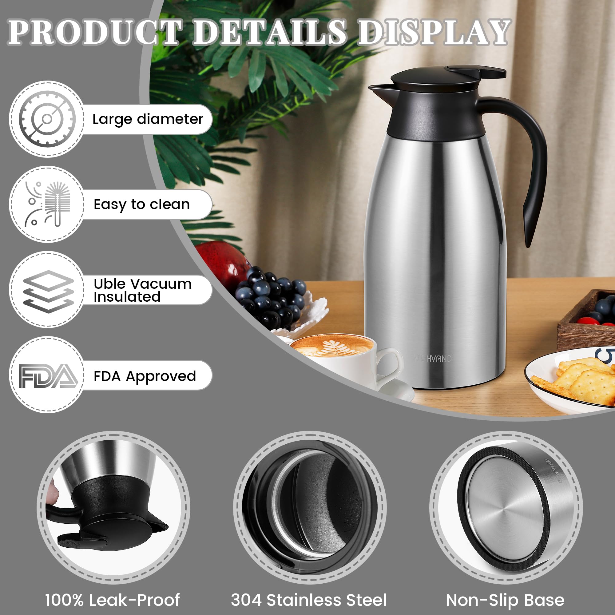 Jarra Térmica 2 Litros para Café, de Acero Inoxidable con Aislamiento al Vacío de Doble Pared, Jarra Grande para Té, Agua y Bebidas Calientes o Frías, Plata