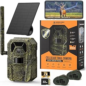 MagicEagle® Trail Camera 4G Cellular Trail Cameras 2K Audible Video 0.3s Trigger No-Glow IR Night Vision IP66 Hunting Essentials with 32GB Memory Card 13,000 mAh Battery Solar Panel Anti-Theft Tech asin的图片