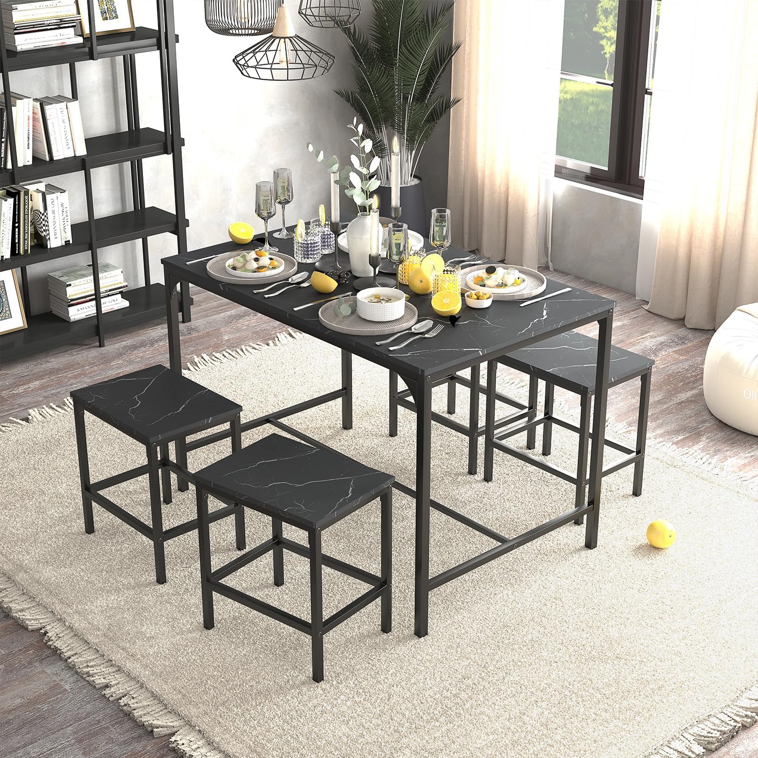Homy Casa 5-Piece Dining Set for 4, Rustic Rectangular Table with 4 Stools, Space-Saving Design with Metal Frame & Wooden Surfaces, Perfect for Small Kitchens, Apartments (Black, Table & Stool)