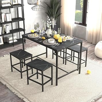 FurnitureR 5-Piece Dining Set Space-Saving Rustic Rectangular Table with 4 Stools, Wooden Surfaces and Sturdy Metal Frame, Ideal for Compact Spaces, Small Kitchens, and Apartments Black