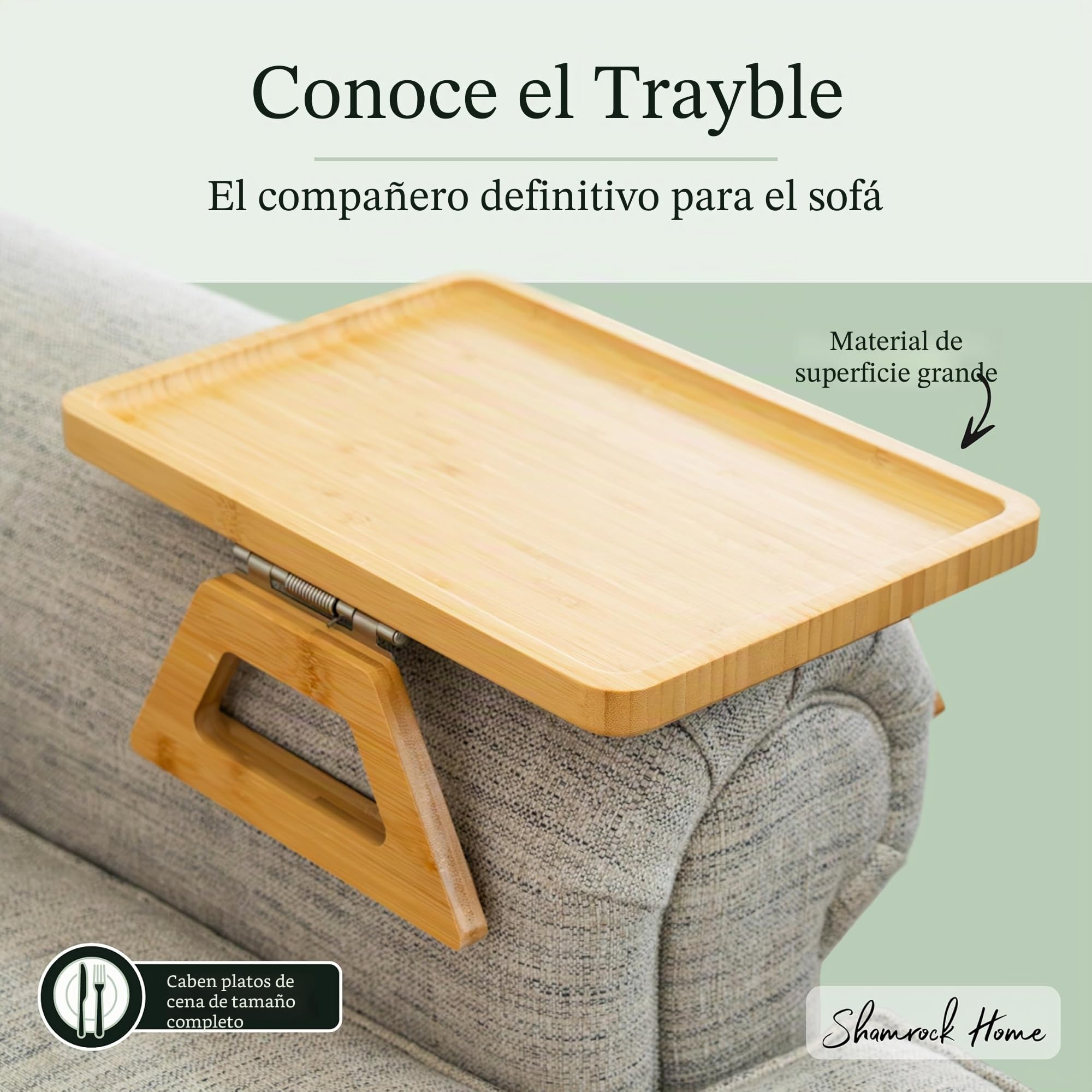Shamrock Home Mesa de bambú con reposabrazos para sofá, bandeja de clip para sofás, bandeja para sofá para cenas de TV, mandos a distancia, bebidas, aperitivos y espacios pequeños, 13.7 x 9.5 pulgadas