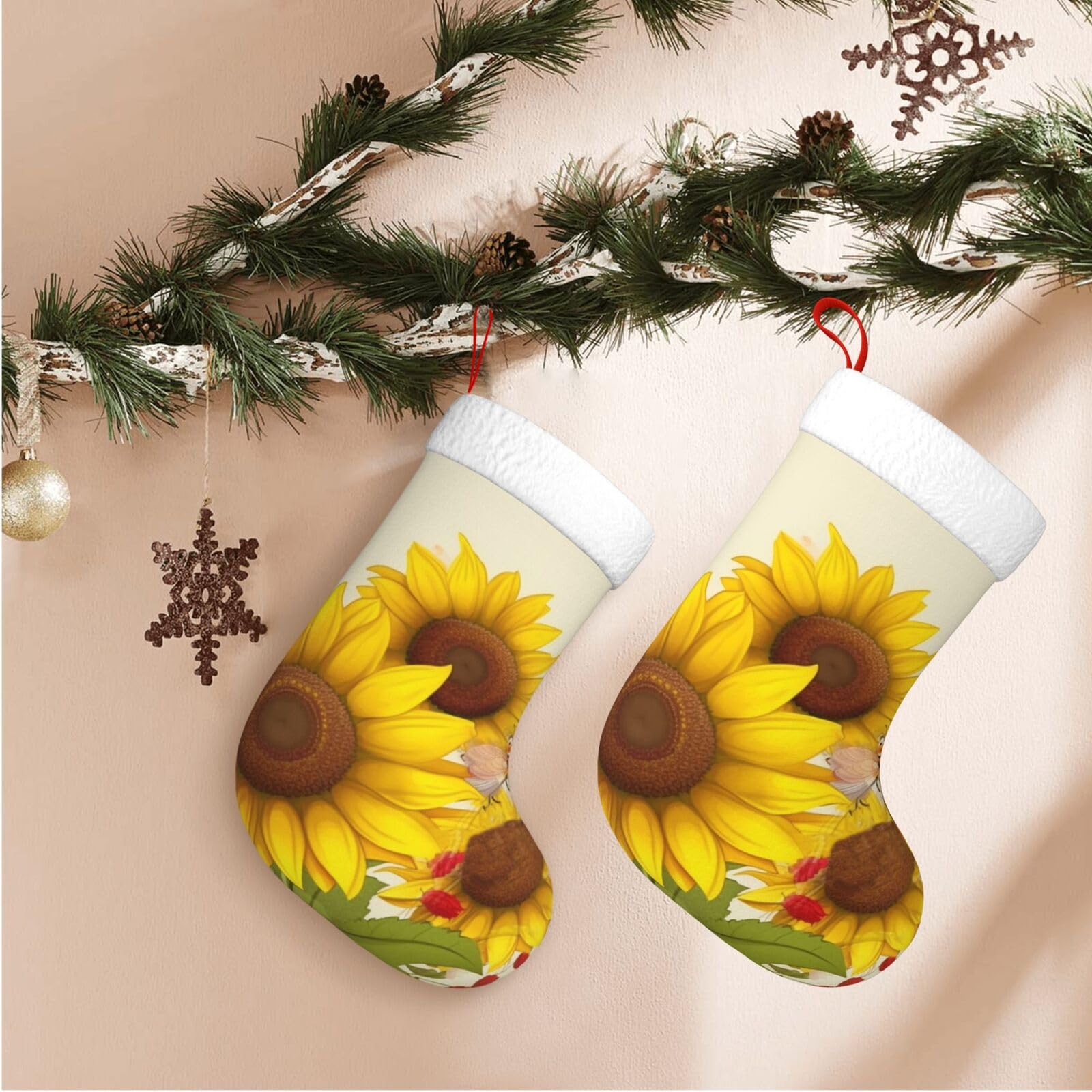 Fodpand Boys Black Bees Sunflowers Daisy Rose Flowers Christmas Stockings Hanging Ornaments For Holiday Decor, 18 Inches Velvet Xmas Stocking With White Plush Cuff, Candy Gift Bags For Christmas Decorations