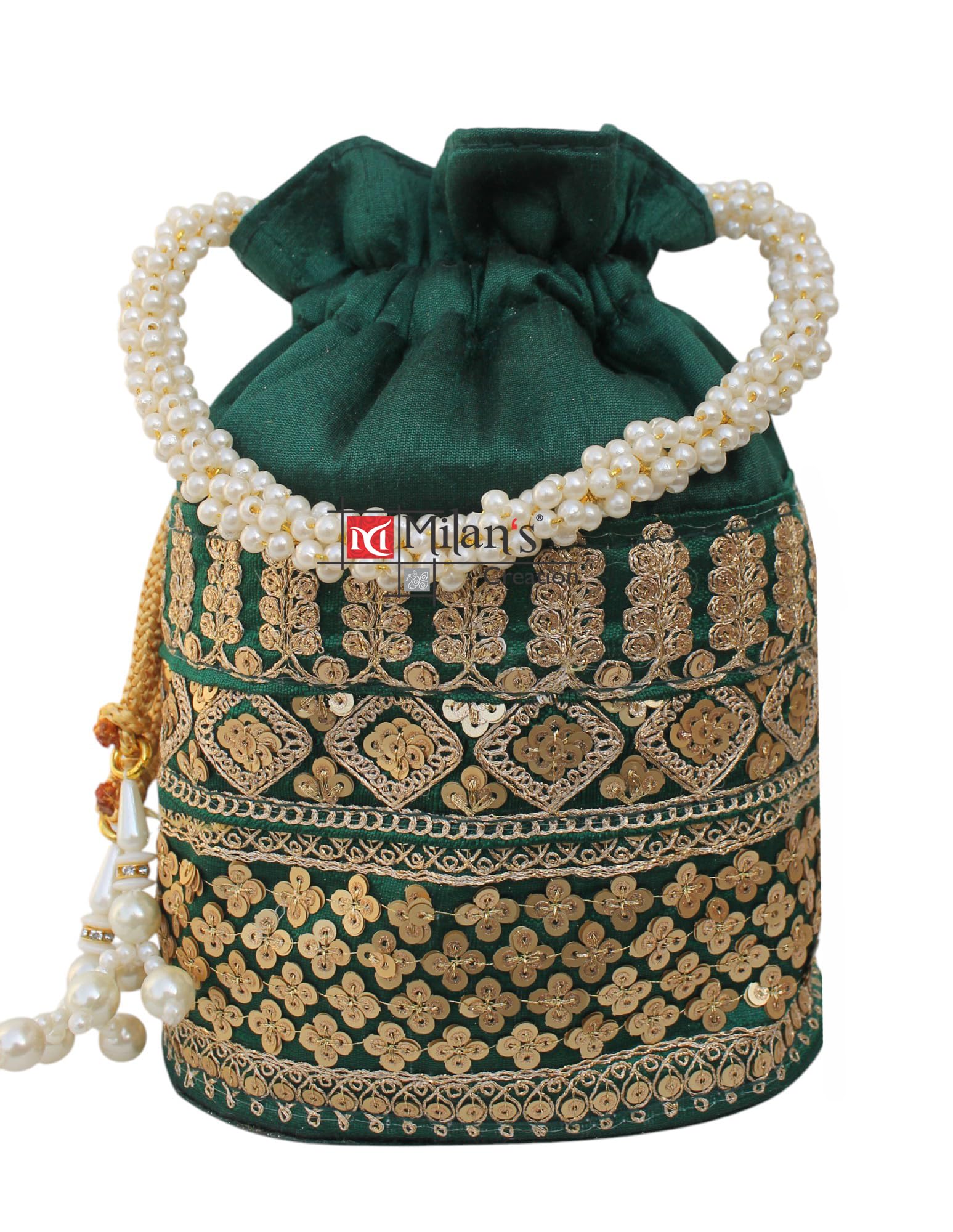 milan's creation Raw-Silk Designer Potli Bag for women with Golden Embroidery and Pearl Handle Tassel-picture-39