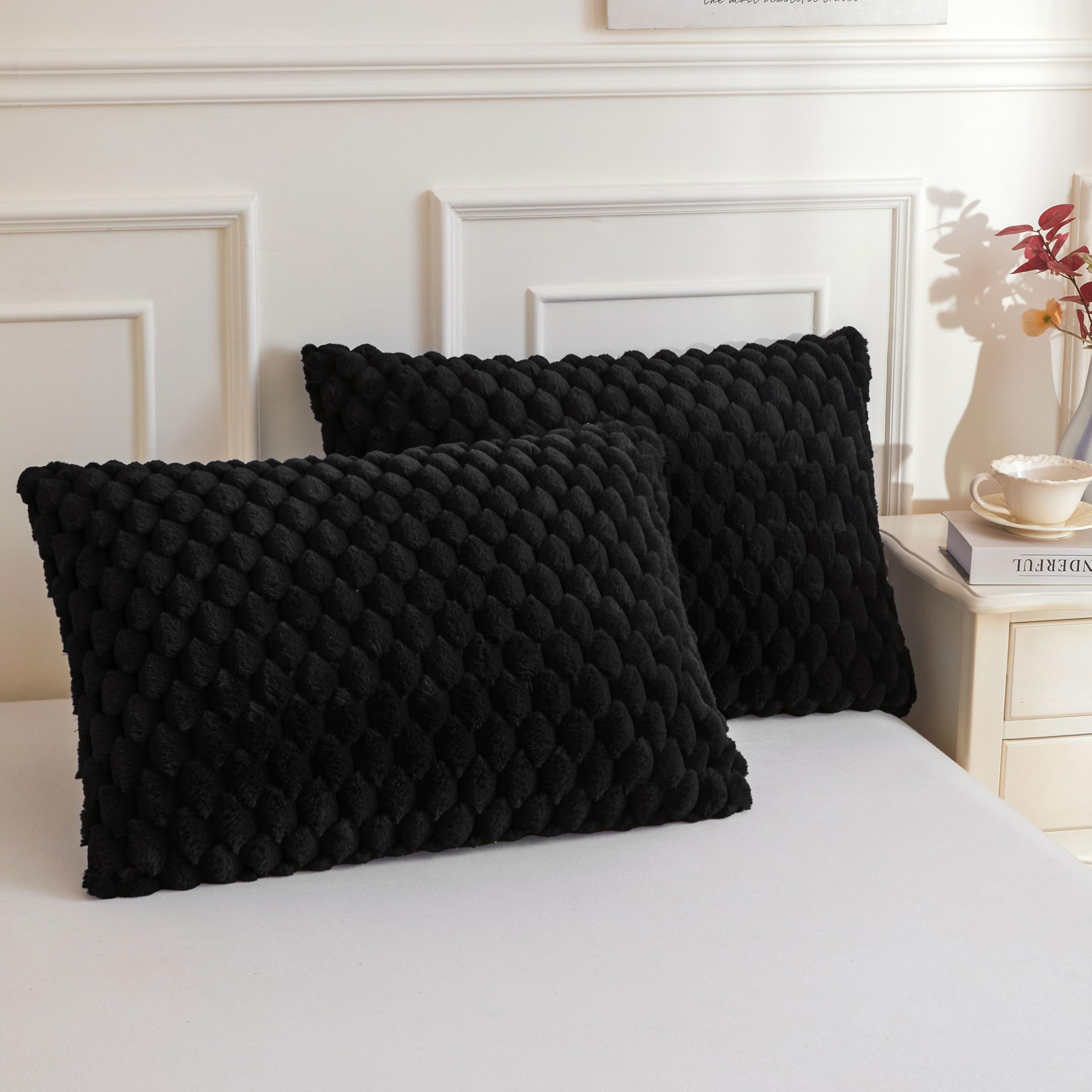 XeGe 3D Bubble Fluffy Faux Rabbit Fur Pillowcases Standard, Black, Set of 2