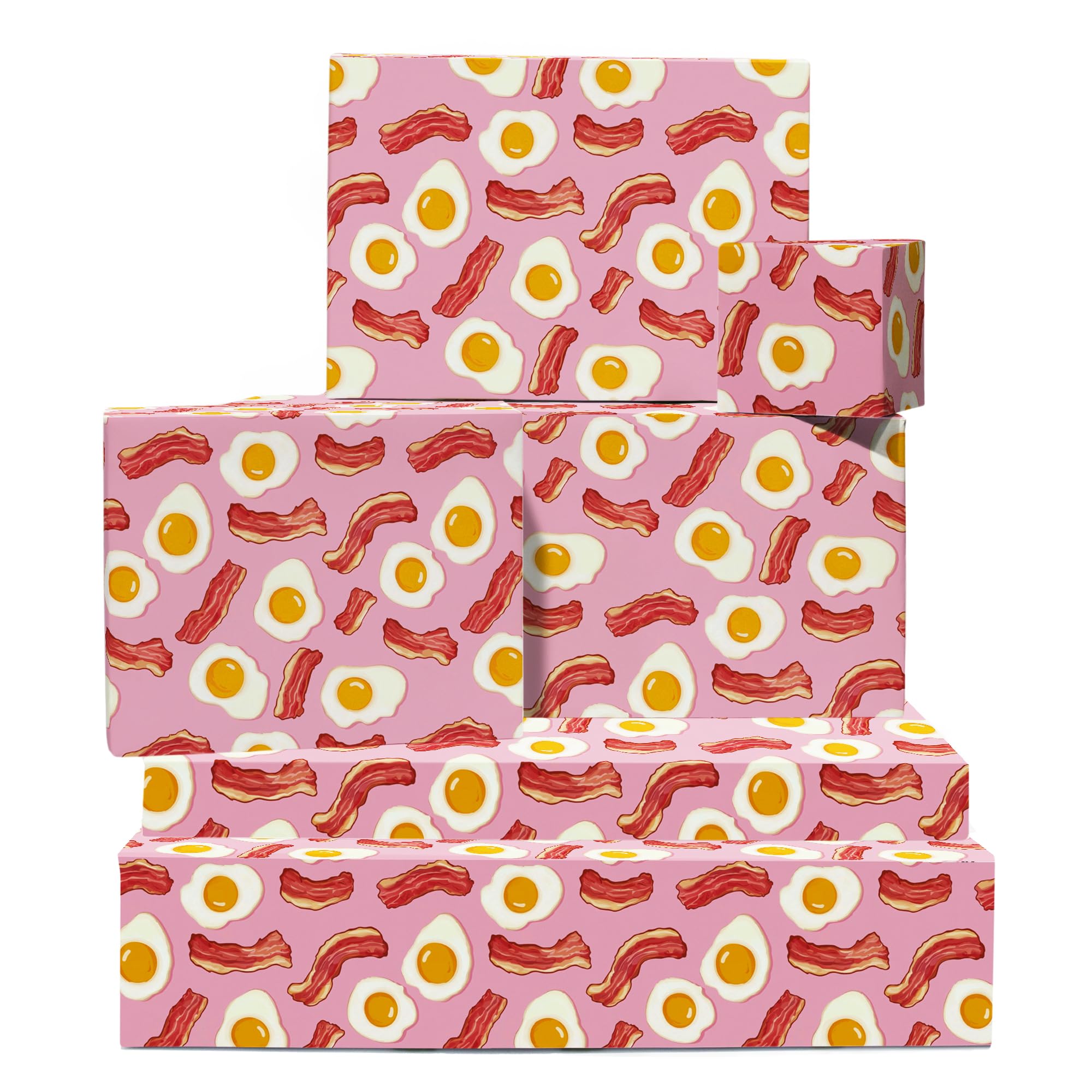 Pink Fun Wrapping Paper - Bacon, Eggs, Food Theme, Pink - 6 Sheets of Giftwrap for All Ages Family Friends - All Occasion Birthday - Comes With Stickers by Central 23