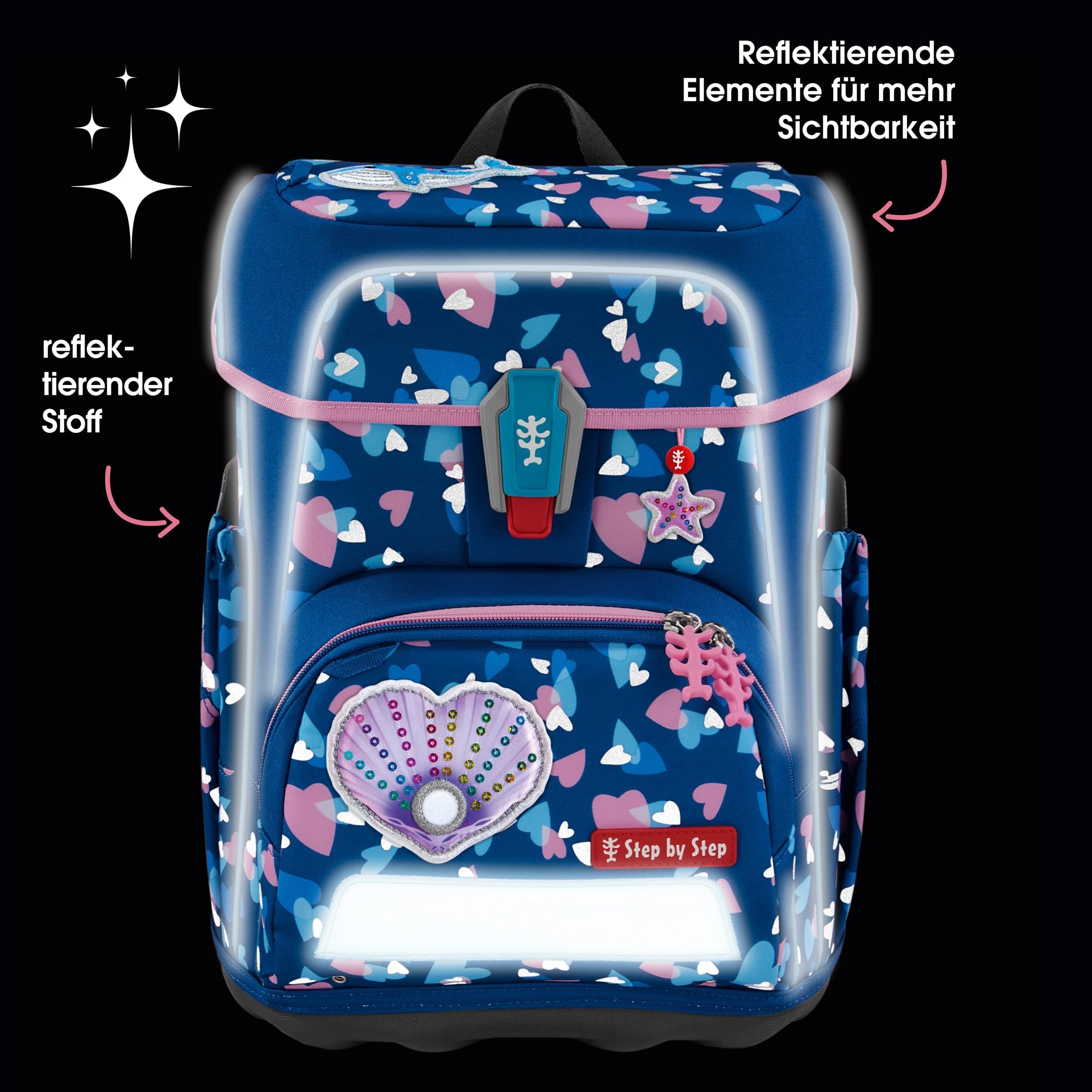 Step by Step Schulranzen-Set CLOUD REFLECT „Seashell Pearl“ 5-teilig, blau-rosa, Panther-Design, ergonomischer Tornister mit Reflektoren, höhenverstellbar mit Hüftgurt für Kinder ab der 1. Klasse, 19L