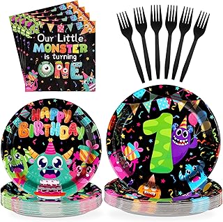 96 Pcs Monster 1st Birthday Party Supplies Little Monster Plates and Napkins Tableware Set Monster Birthday Decorations for Kids Boys monster Theme 1st birthday Baby Shower Halloween Decor Serves 24