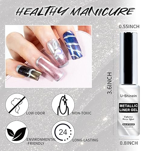 Miniatura 8 de Revestimiento de gel de pintura metálica de 0.4 fl oz, arte de uñas, espejo 3D, efecto cromado, gel de dibujo pintado de metal, pincel fino para