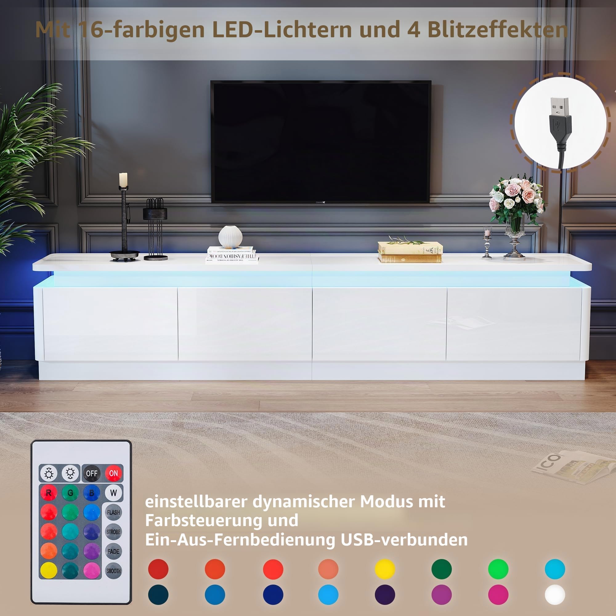 okwish TV-Schrank mit LED & Schubladen, Weiß Hochglanz 180x34x40 cm