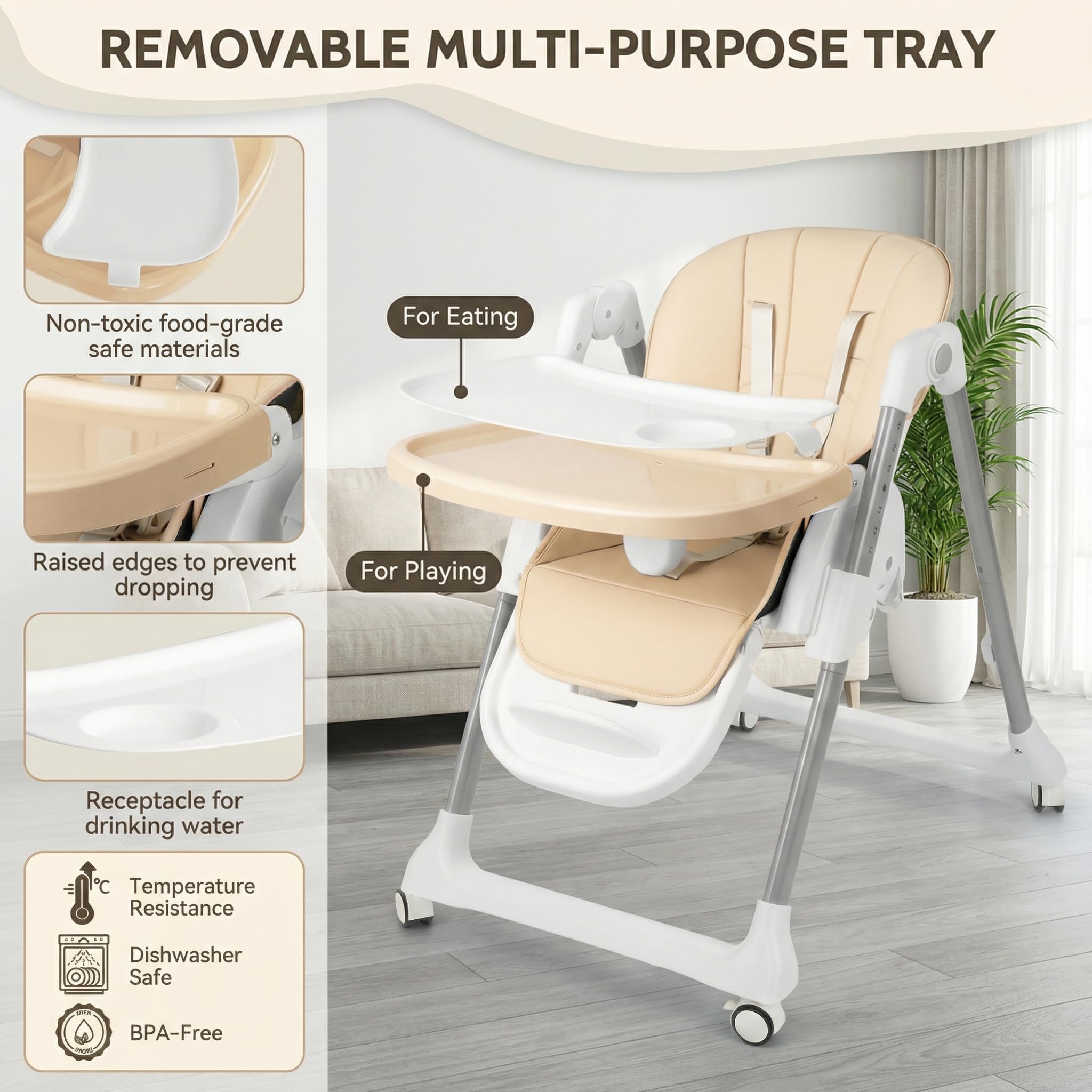 Chaise Haute Bébé, Chaise Haute Bébé Évolutive et Pliable, Hauteur Réglable Chaise Enfant, Dossier Inclinable 4 Positions, Repose-Pieds Ajustable, Harnais 5 Points,avec Coussin, Beige