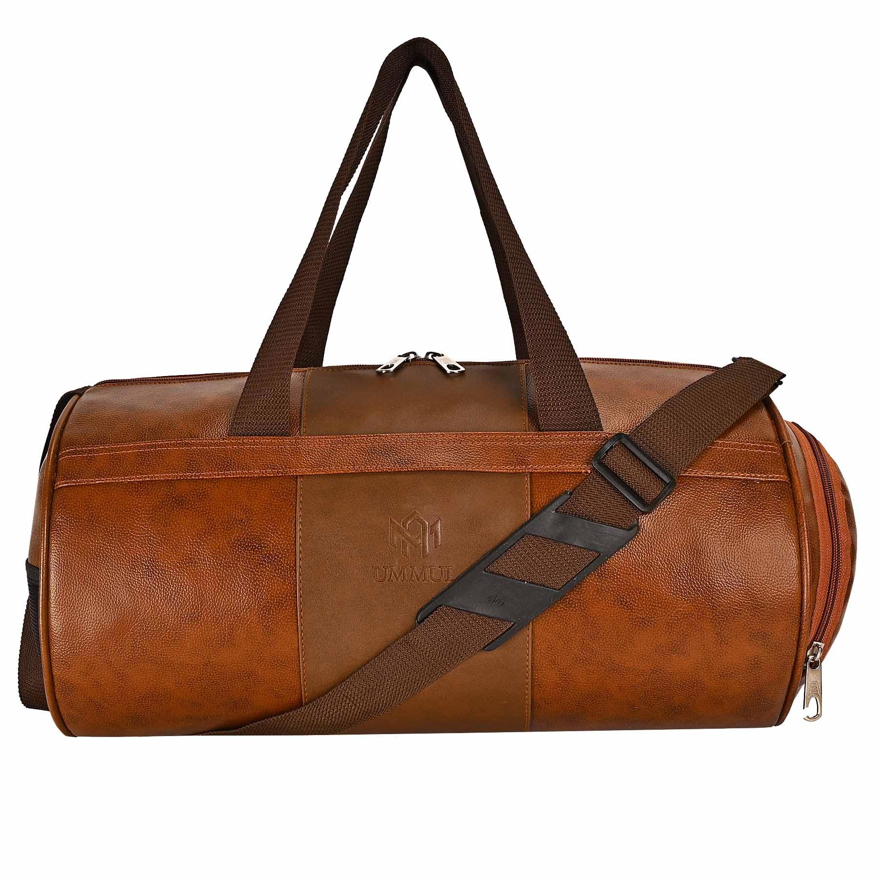 Vegan Leather Duffle Bag, Brown, Gym Sports Travel Barrel Bag with Shoulder Strap (Tan)-image-47