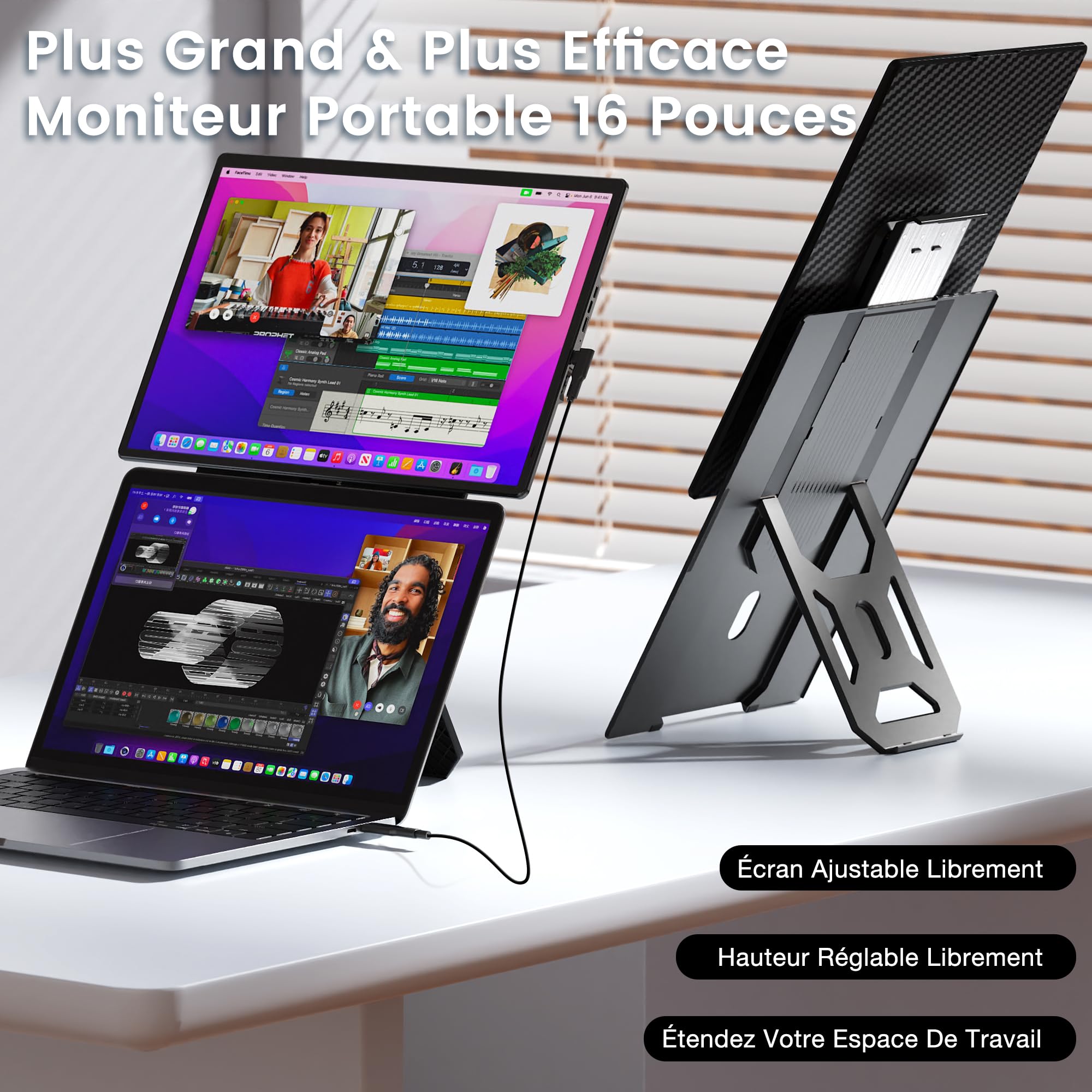 Kwumsy Écran Portable 16 Pouces - Moniteur pour Ordinateur Portable, Portable Ultra Fin, Écran d’Extension Laptop avec Support 360° Rotatif et Détachable, Plug & Play, Compatible Tous PC Portables.