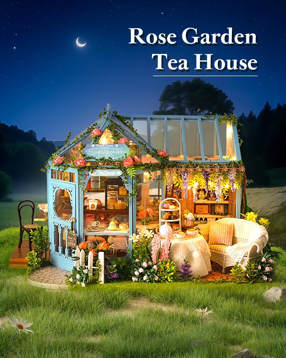 DIY Miniatur Haus Bausatz für Erwachsene,Puppenhaus Gewächshaus mit LED Licht,3D Puzzle Buchstütze aus Holz Modellbausatz Bastelset Bücherregal Deko Geschenken (Rose Garden Tea House)