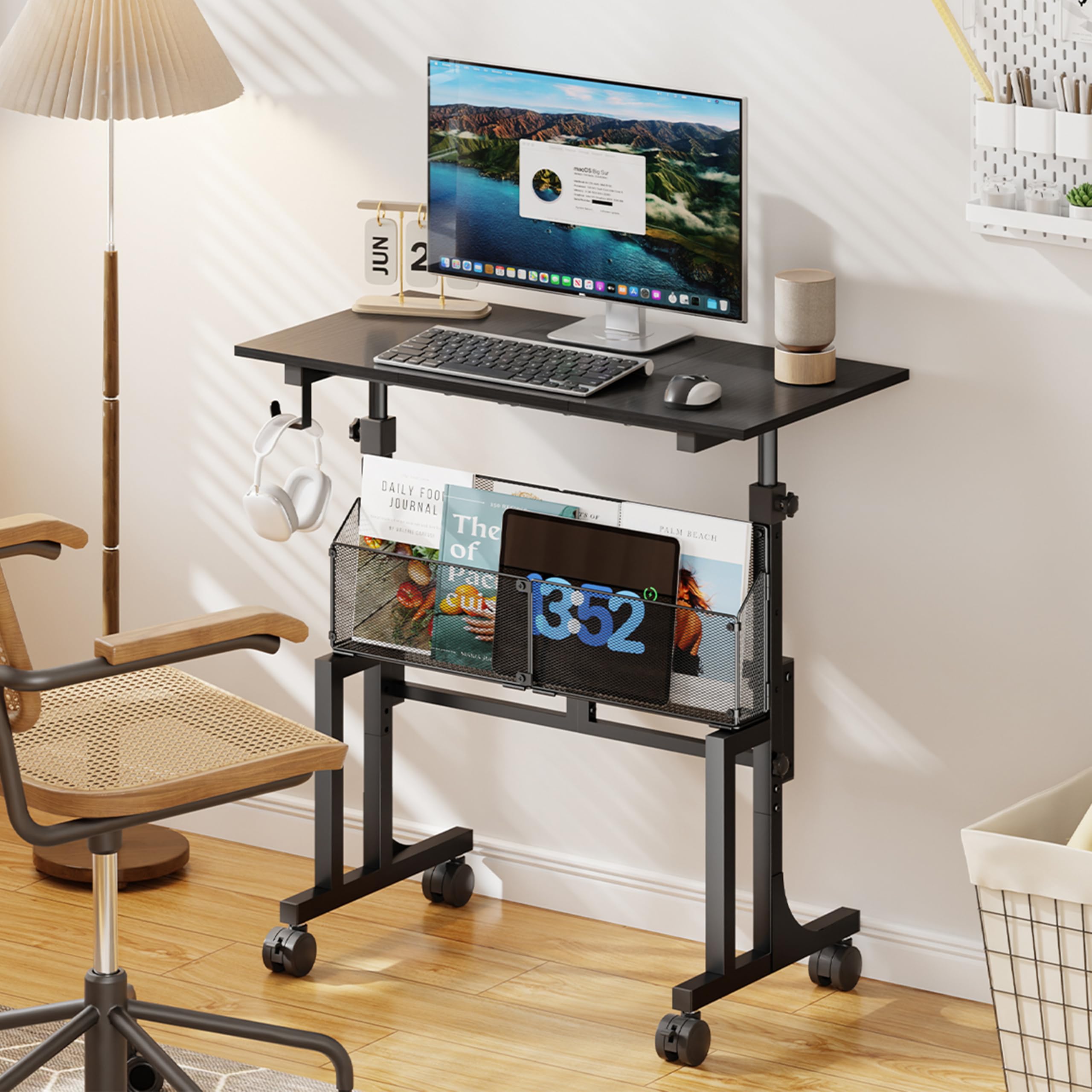 height adjustable standing desk with storage, small stand up desk with wheels, portable rolling desk for home office, mobile sit stand desk for small spaces, for walking pad treadmill, black