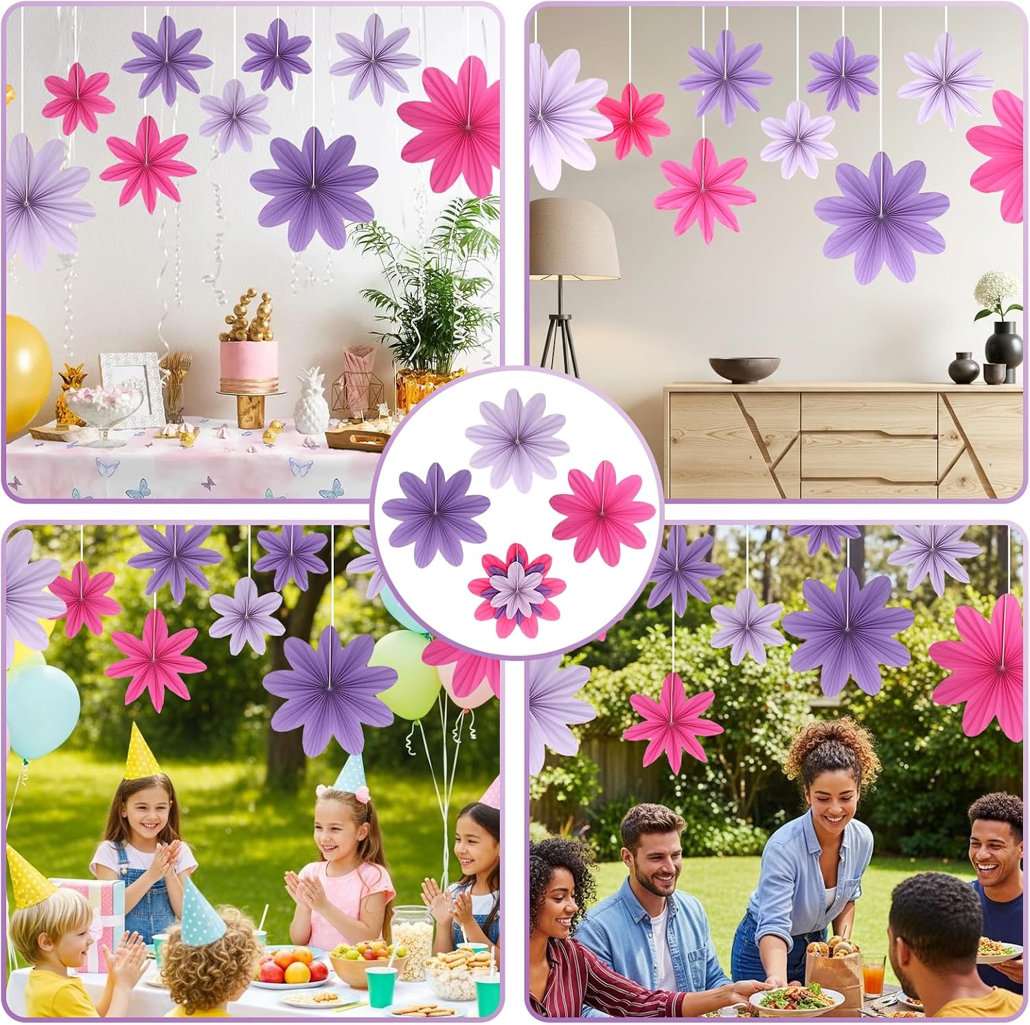 Pink and Purple Birthday Decorations, Kaluofan 9PCS Paper Flowers Decorations for Wall, Paper Fans Classroom Decor Hanging Floral Decorations for Birthday Weddding Carnival Thanksgiving Decor