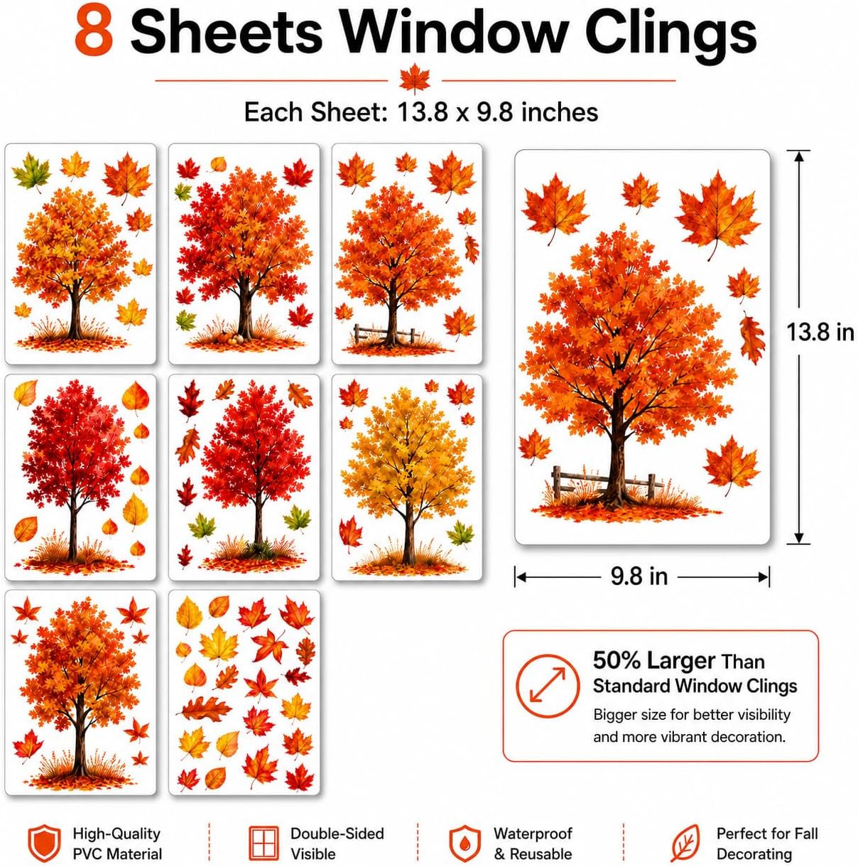 8 Sheets Large Fall Tree Window Clings, 13.8 x 9.8 Inch Autumn Maple Tree Glass Window Thanksgiving Decorations, 45% Larger Reusable Static Cling Stickers for Glass Doors, Home and Storefront