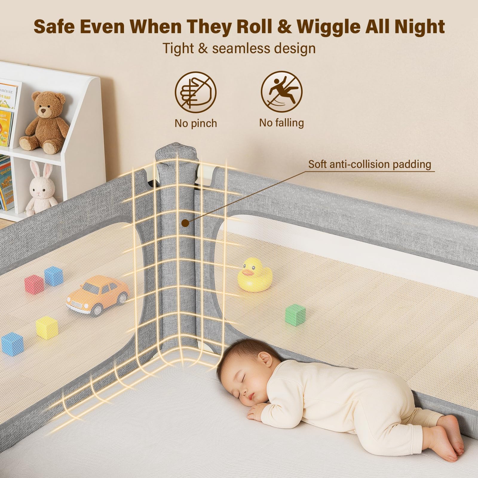 Barrera Seguridad Niños Cama 3 Lados Antiatrapamiento 180x200cm | Varillas en U, Altura Regulable 66–96 cm, con Varillas Sellagrietas, para Camas Boxspring, Niños hasta 5 Años