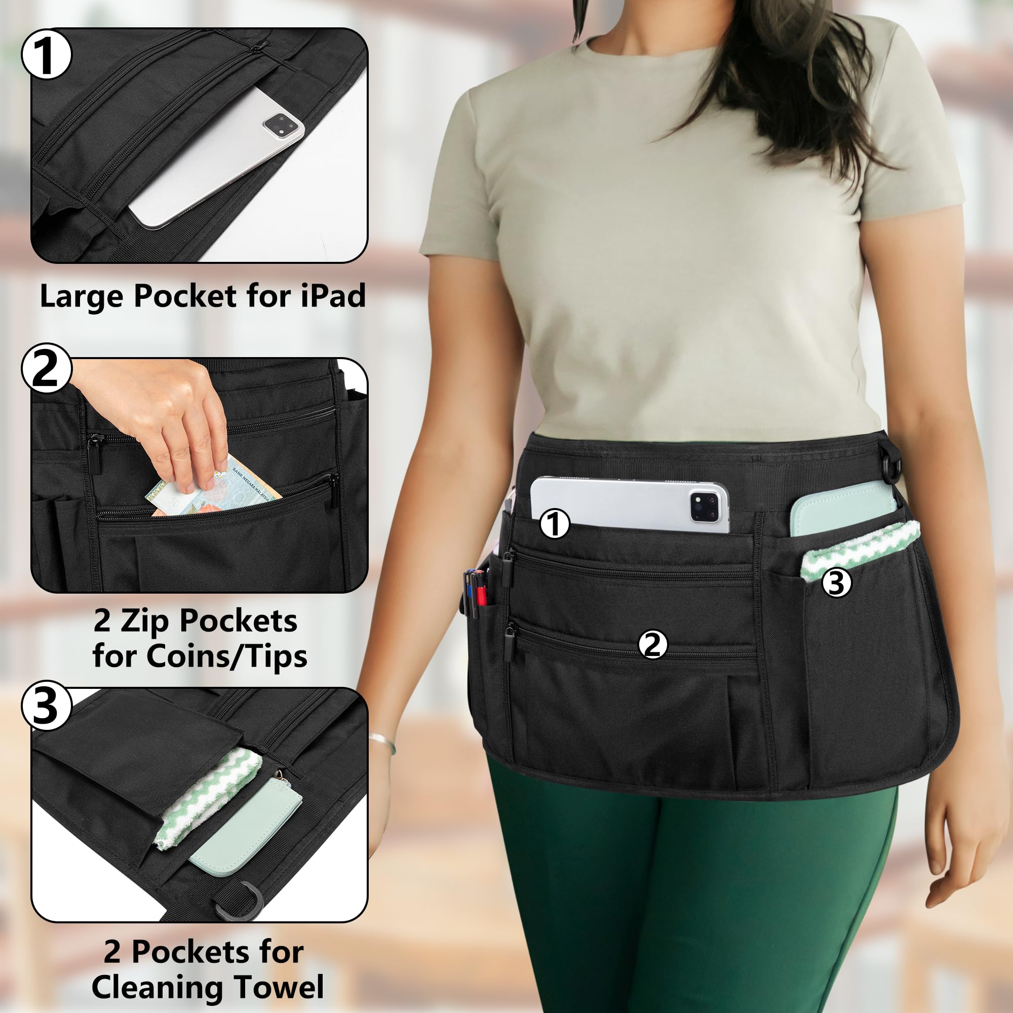 Rexmica Delantal de camarera con múltiples bolsillos, medio delantal con cinturón ajustable para camarera, camarero, mujeres y hombres, delantal de cintura para restaurante, bistró, cocina, color