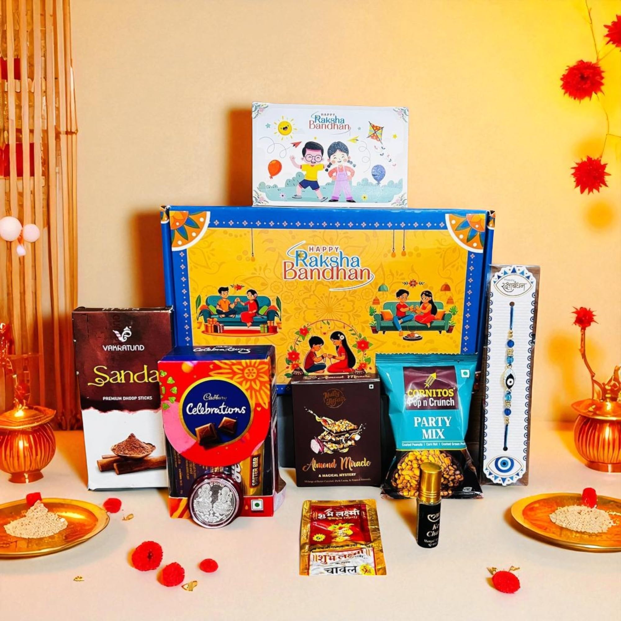 The Secret Dough Rakhi Gift Combo Box for Brother Bhaiya & Bhabhi-9 Inclusions + Evil Eye Rakhi Nazar Kavach|Chocolate,Millet Namkeen,Almond Bar,Incense Sticks & Stand,Perfume,Coin,Card,Roli Chawall-image-5