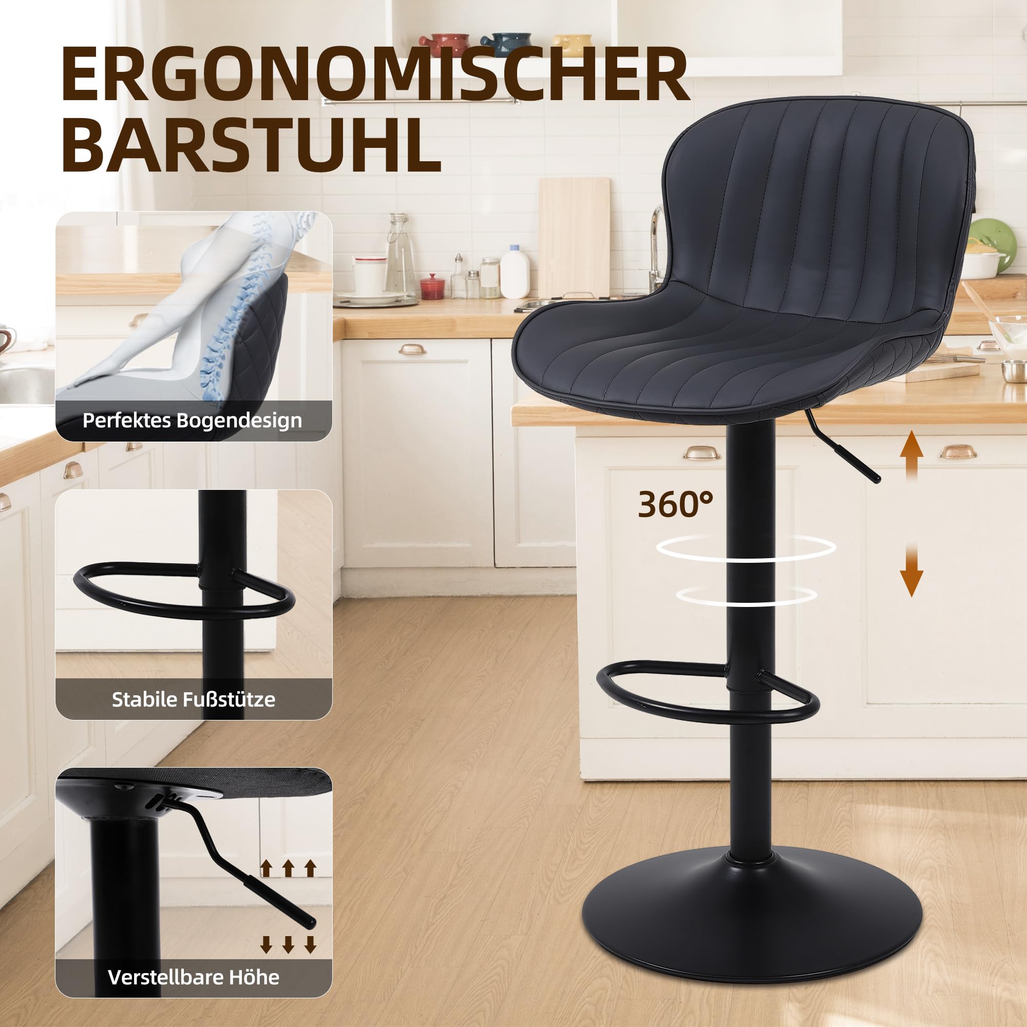 Barhocker × 1, Barstuhl Höhenverstellbar, Küchenstühle mit Rückenlehne und Fußstütze, 360°Drehbar, für Küche, Wohnzimmer und Esszimmer, Schwarz