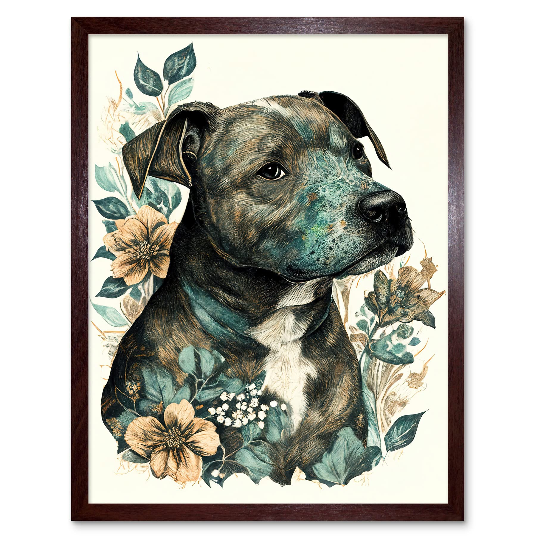 Artery8 Black Staffordshire Bull Terrier and Flowers Detailed Coloured Pencil Portrait Illustration Art Print Framed Poster Wall Decor 12x16 inch