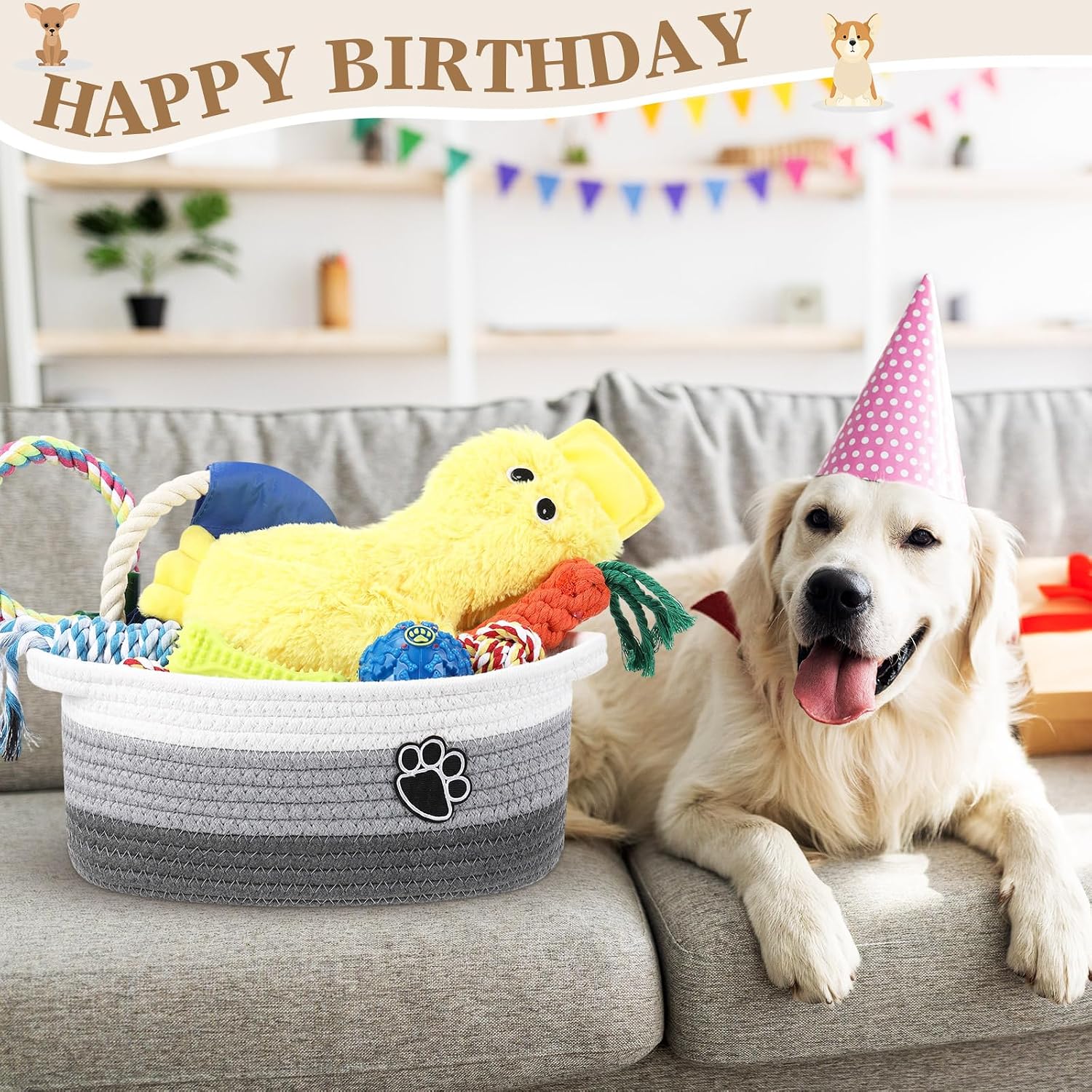 Zopeal Puppy Dog Toy Gift Storage Basket with Dog Toys Set Chew Toys Birthday Gift Basket Teething Interactive Squeaky Duck for Teething Small Medium Large Dogs(Gray)