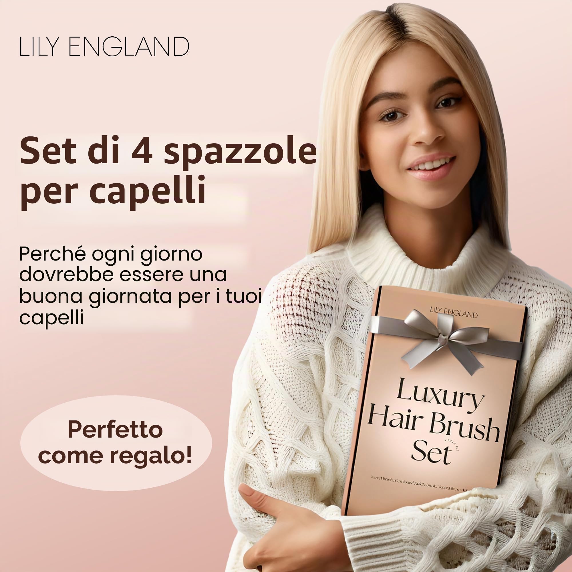 Lily England Set Regalo Spazzole Capelli Donna 4 Pezzi, Oro Rosa Opaco
