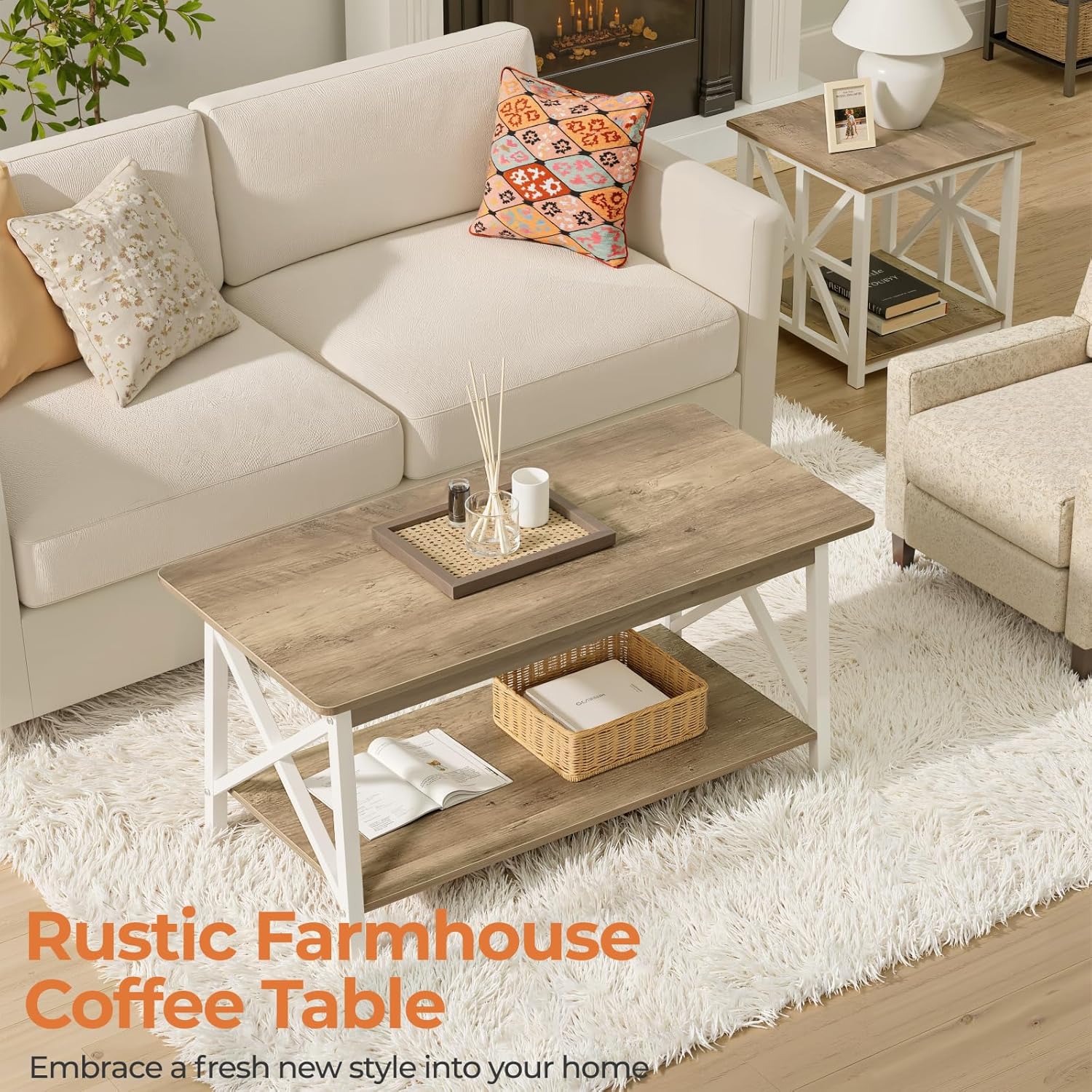 GreenForest Coffee Table with Round Corner, 39.4'' Modern Living Room Table with 2 Tier Storage Shelves, Rustic Industrial Sturdy Center Table Space Saving Easy Assembly, White Gray Wash