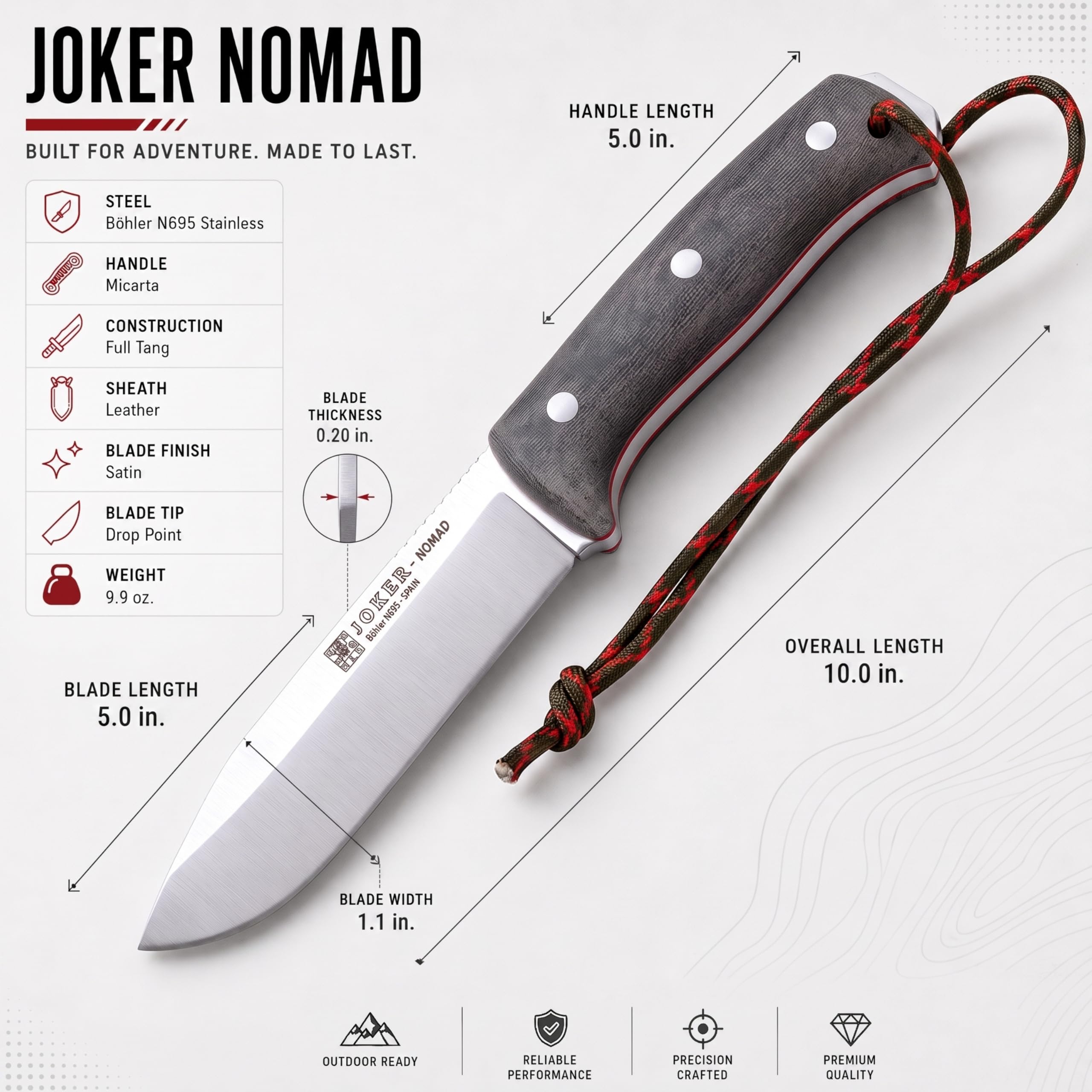 joker Coltello da caccia Nomad CV125, mango tela micarta, lama di 12,7 cm, fodero in pelle nera, include paracord, per la pesca, la caccia, l'escursionismo, il campeggio.